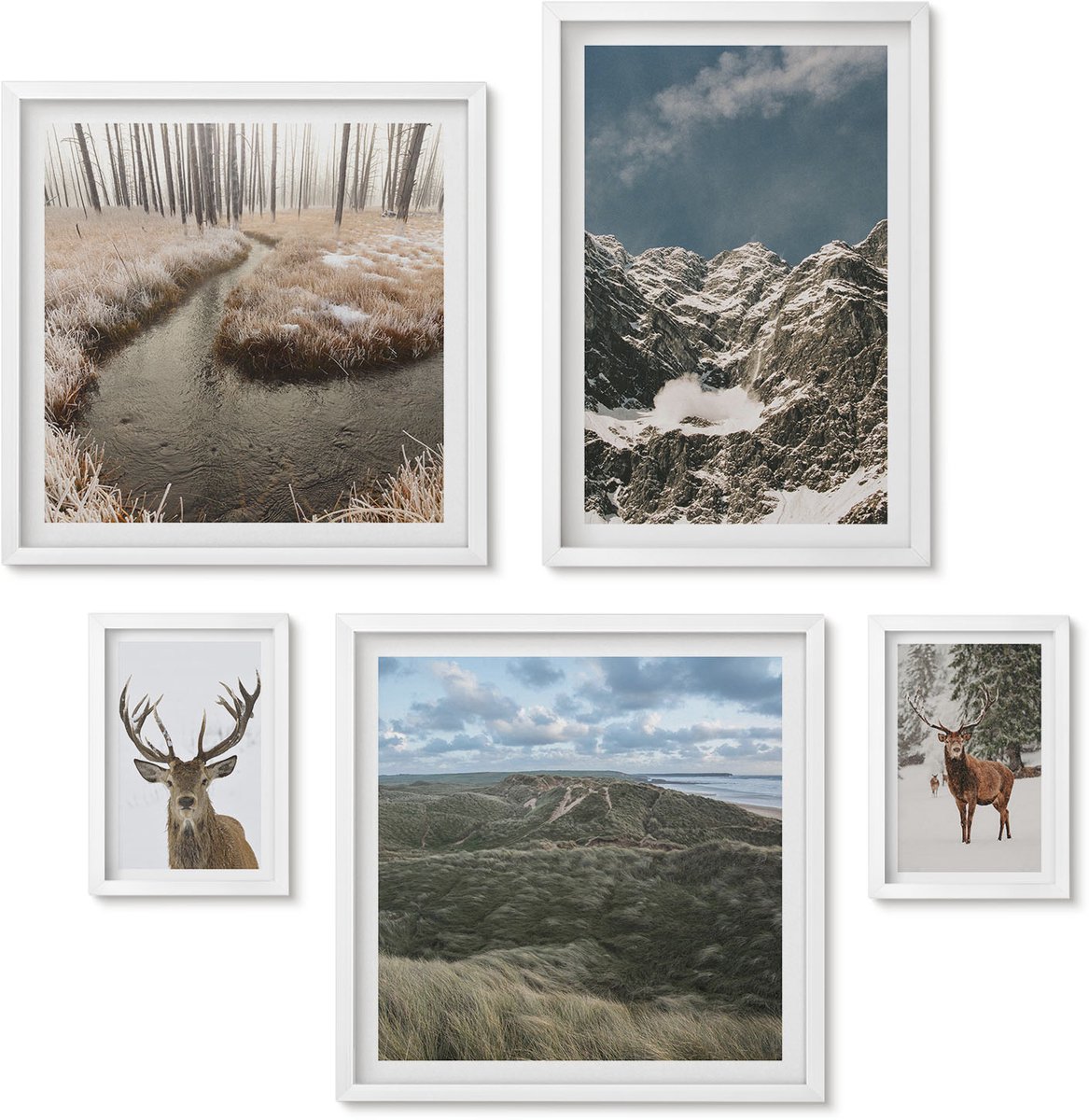 Wallfluent 5-Delige Schilderij Set - Wilde Natuur En Majestueuze Berglandschappen - 50 x 50 cm, 20 x 30 cm En 40 x 60 cm - Moderne Wanddecoratie - Woonkamer - Interieur Decoratie
