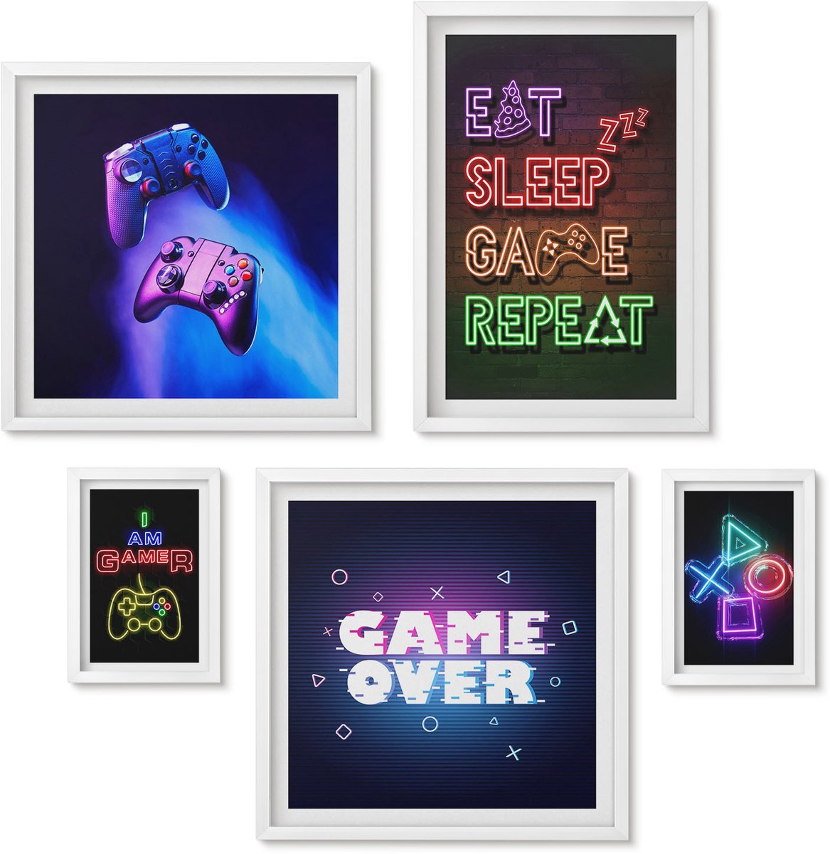 Wallfluent 5-Delige Schilderij Set - Neon Computerspelthema'S Voor Enthousiaste Gamers - 50 x 50 cm, 20 x 30 cm En 40 x 60 cm - Stijlvolle Muurdecoratie - Slaapkamer - Decoratieve Schilderijen