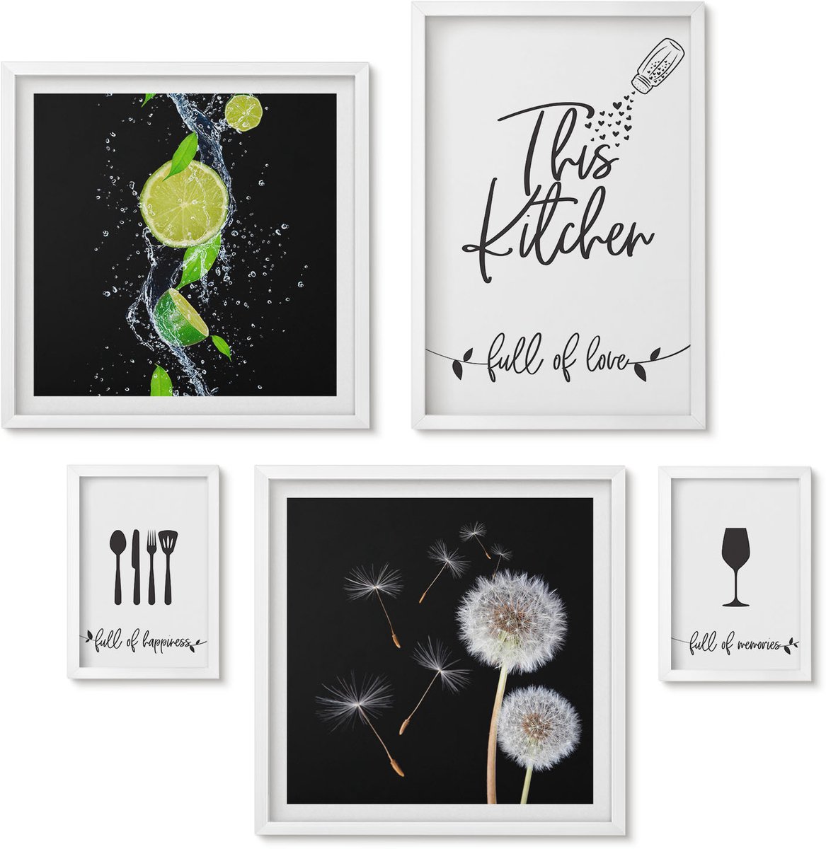 Wallfluent 5-Delige Schilderij Set - Keukeninspiratie Met Een Passie Voor Koken En Eten. - 50 x 50 cm, 20 x 30 cm En 40 x 60 cm - Wanddecoratie - Muurdecoratie - Woonkamer - Interieur Decoratie