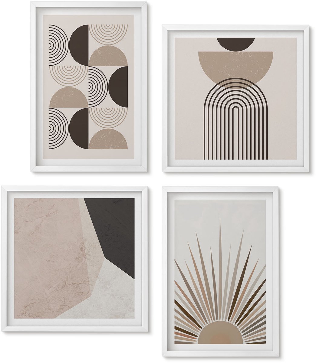 Wallfluent 4-Delige Schilderij Set - Abstracte Vormen In Beige En Bruine Tinten. - 40 x 40 En 40 x 60 - Schilderijen Set - Wanddecoratie - Woonkamer - Muurdecoratie