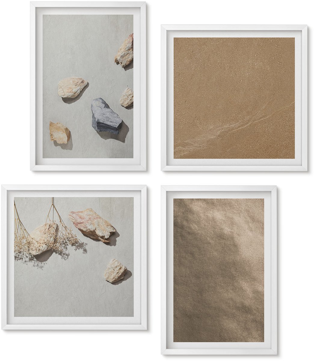 Wallfluent 4-Delige Schilderij Set - Strandstenen, Natuurlijke Structuren - 40 x 40 En 40 x 60 - Muurdecoratie - Decoratieve Schilderijen - Wohnzimmer - Moderne Wanddecoratie