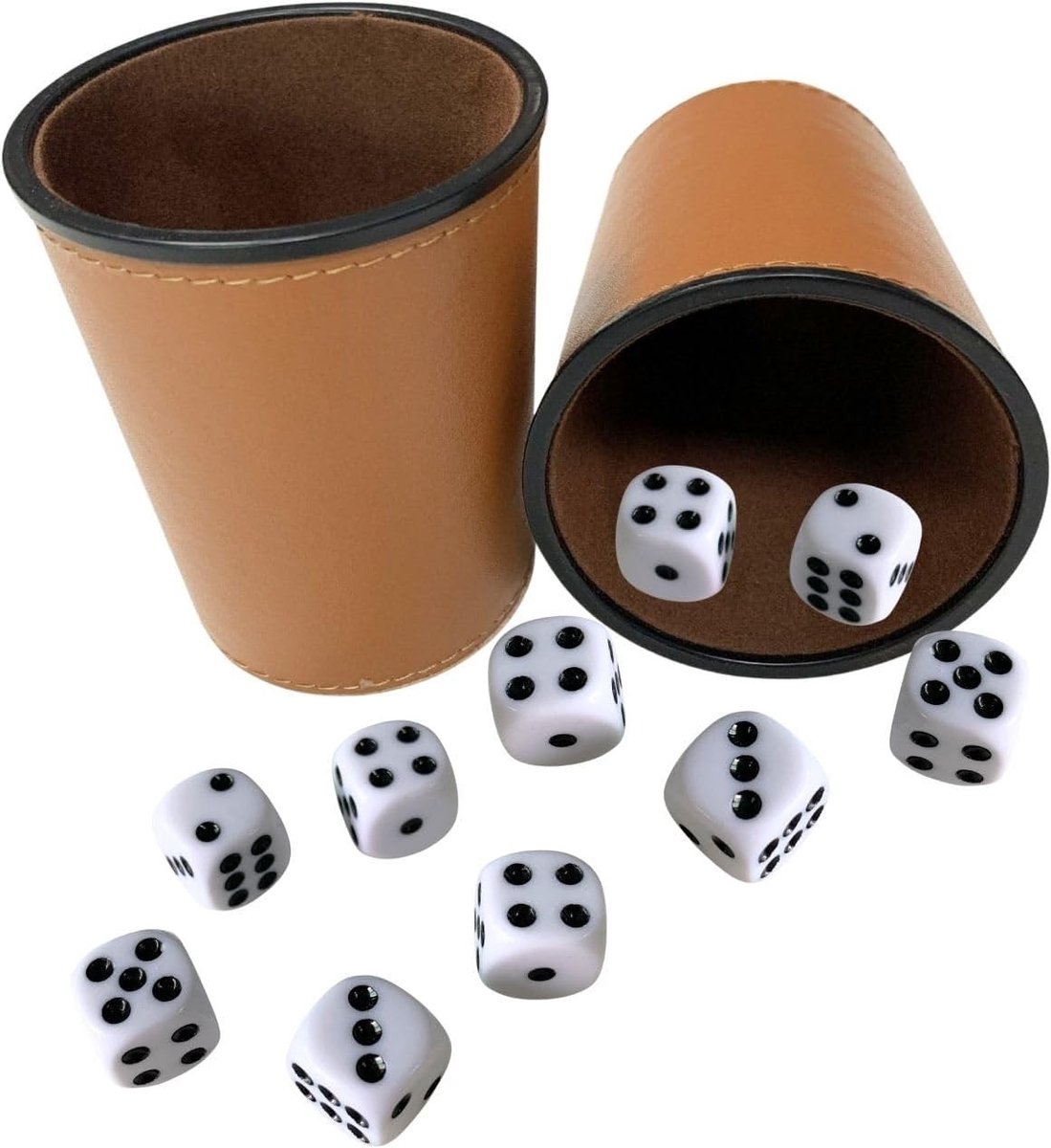 Set van 2 Dobbelbekers met 10 Dobbelstenen - Zwart - Kunstleer met Vilt Voering - Voor Spelavonden en Gezellige Activiteiten