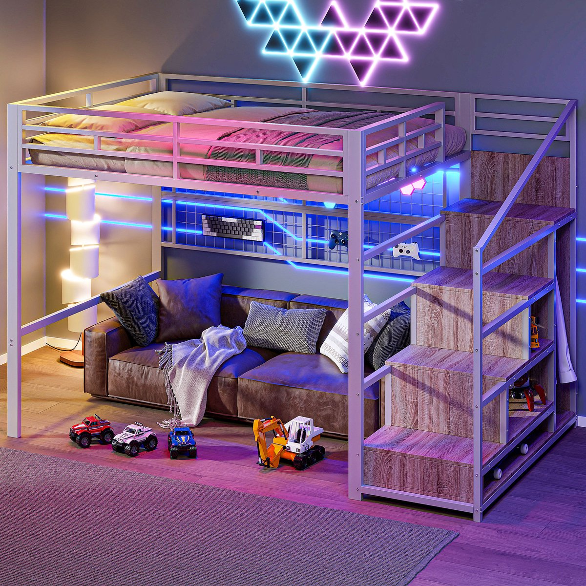Hoogslaper - 140 x 200 cm - 2-persoons - met kledingkast - met opbergruimte - met LED-verlichting - met ladder - Wit