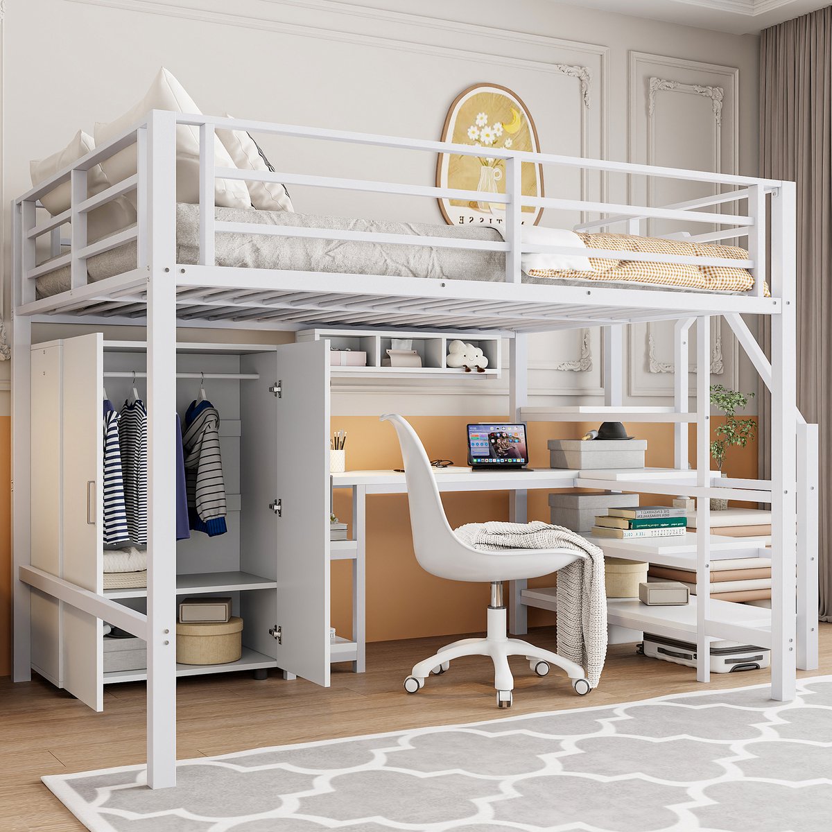 Hoogslaper - 140 x 200 cm - 2-persoons - met bureau - met kledingkast - met opbergruimte - met ladder - Wit