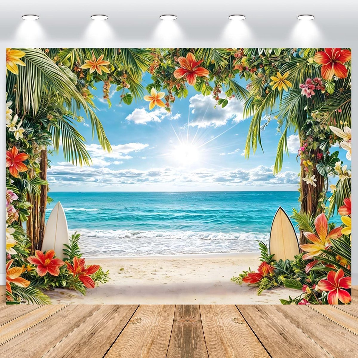 Zomerse fotoachtergrond Hawaïaanse strand, 2,2 x 1,5 m, tropische bloemen, palmbladeren, surfplank, luau-thema - ShopVlot