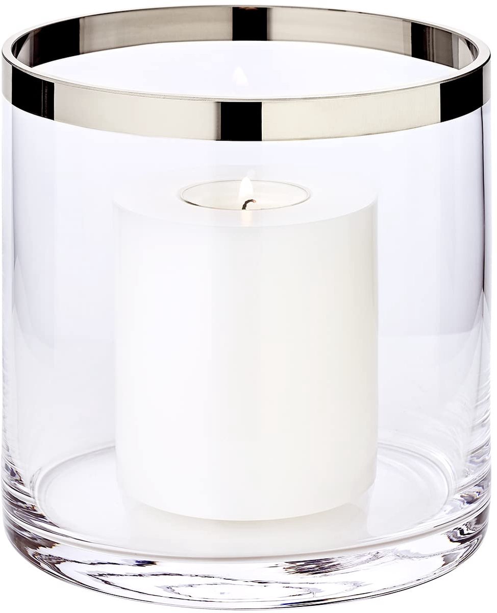 Famanu – Windlicht van handgeblazen kristalglas met platina rand, hoogte 15 cm en diameter 15 cm, ideaal voor stompkaarsen