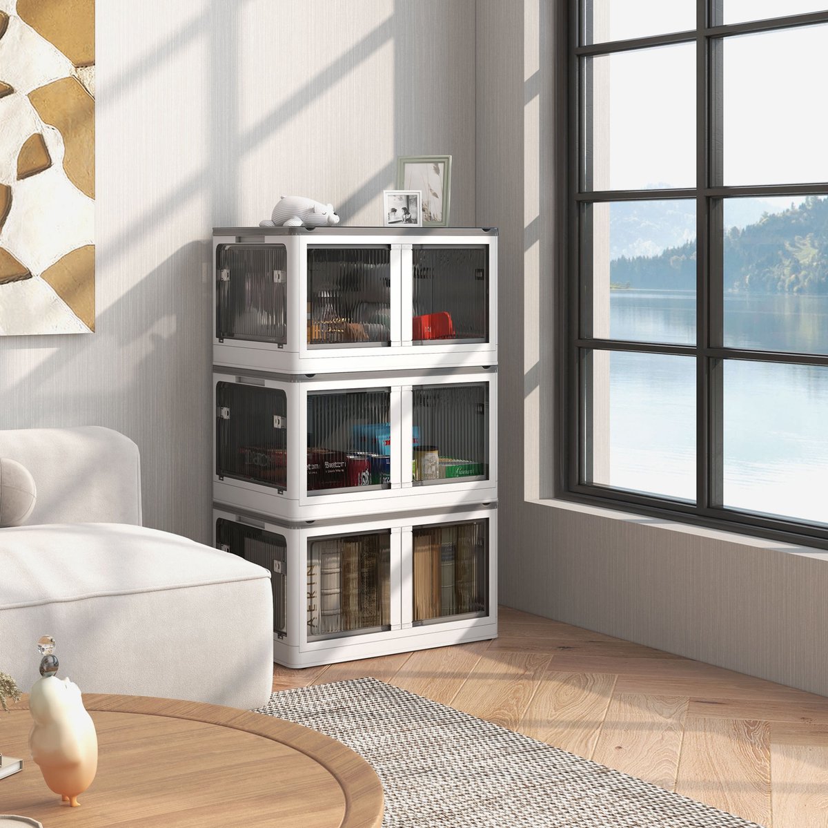 OKWISH Opbergbox Stapelbaar 69L Met Wielen Vouwbaar 60 X 42 X 34 Cm Kunststof Wit Met 5-Zijdige Toegang Voor Slaapkamer Woonkamer En Kantoor