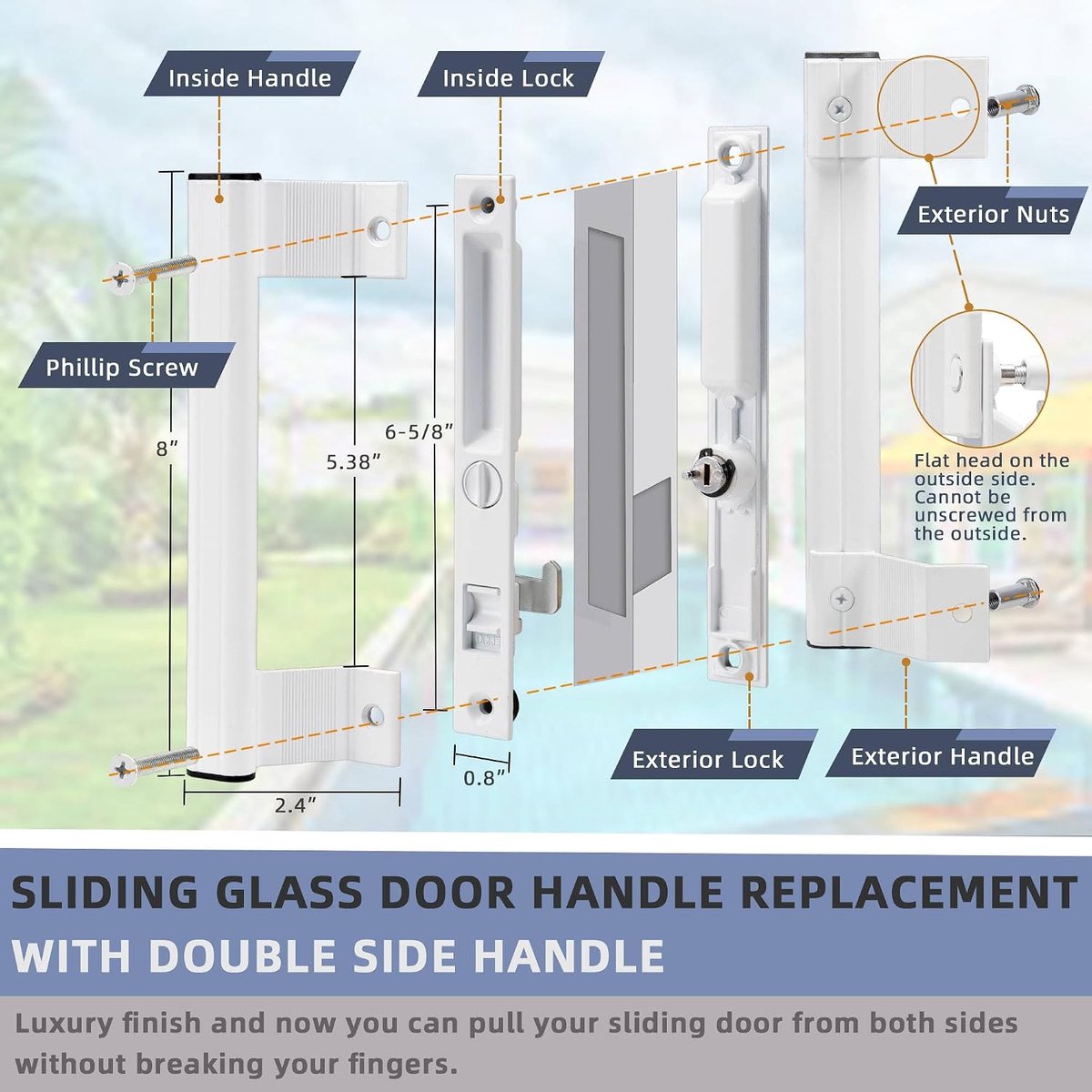 SnelShoppen - Glazen schuifdeur vervangingsset met handgrepen aan beide zijden, 6-5/8 inch wit - Patio deuroverzet voor 1 tot 1-1/8 inch dik, links en