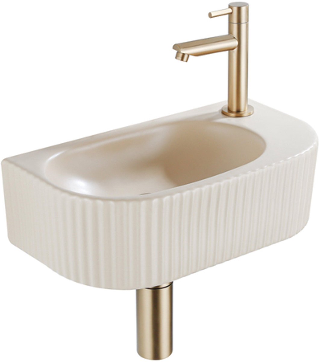 QeramiQ Fuente fonteinset – halfrond – 40x21.5x12 cm – keramiek beige – kraangat rechts – geribbeld