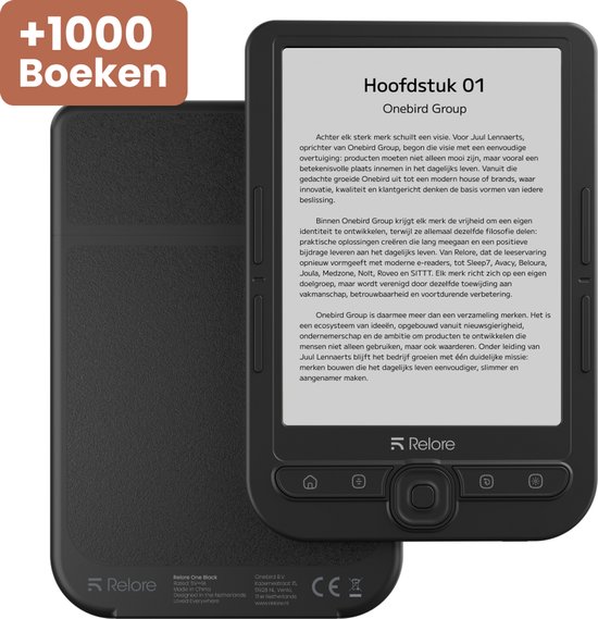Zwarte Relore e-reader met een boekpagina op het scherm.