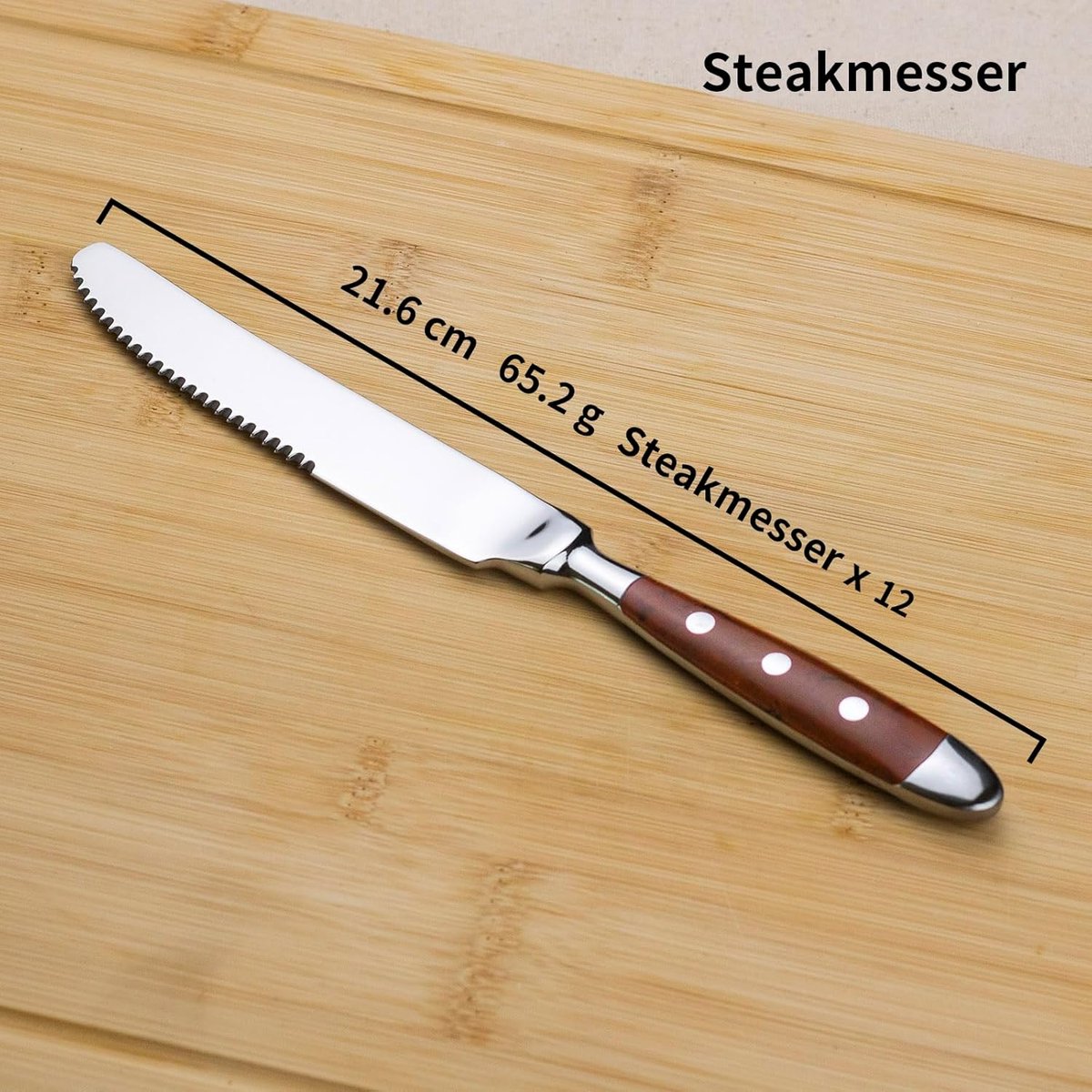 Steakmessen, set van 12 stuks, keuken, steakbestek, messenset, scherpe pizzamessen, bruine handgrepen, gepolijst roestvrij staal, gekarteld, voor huishoudens de eetkamer, serie Berlijn