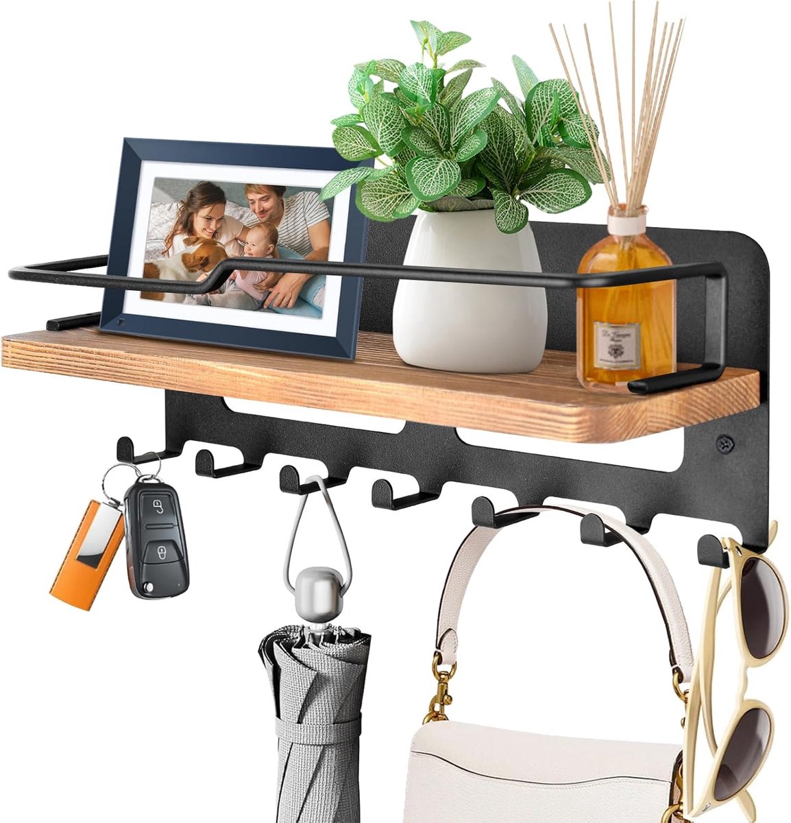 SnelShoppen - Houten Sleutelhanger met Plank, Decoratieve Sleutelhouder, Wandrek met 7 Sleutelhaken, Houten Wandrek voor Sleutels, Organizer voor Entr