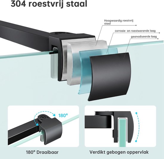 stabilisatiestang 400 mm voor 6-10 mm glas, mat zwart - RVS 304, 180° draaibare wandmontage, vierkant design — afbeelding 2