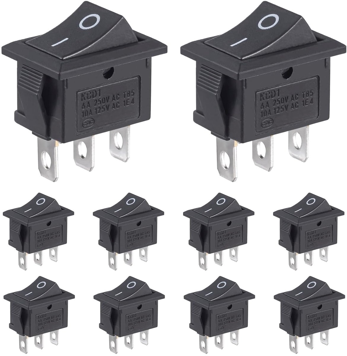 Tuimelschakelaars, 3-polig, 10 stuks, aan-uit, schakelaar, 6 A, 250 VAC, 10 A, 125 VAC, zwart, inbouwschakelaar, ingebed, rechthoekig, ON OFF 2 positie, 3-pins, bootschakelaar