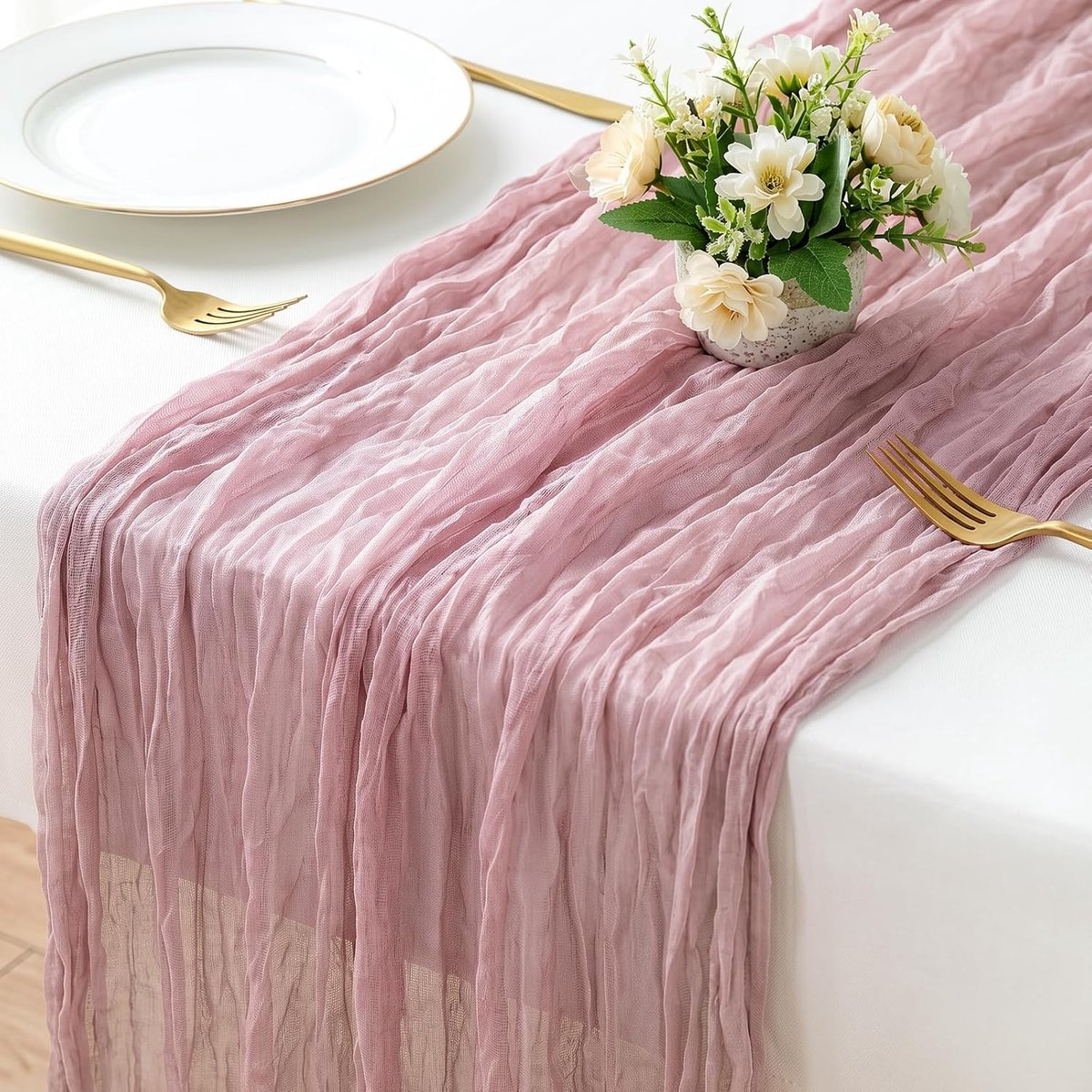 tafelloper, roze, 300 x 55 cm, Boheemse chiffon tafelloper voor bruiloft, verjaardag, tafeldecoratie