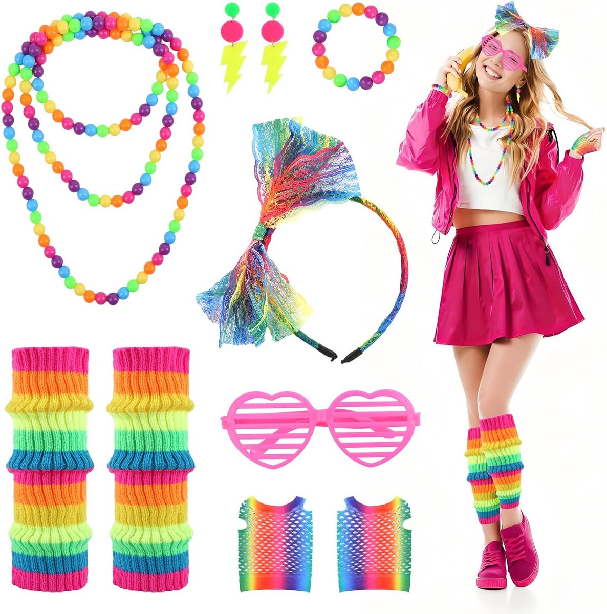 80s-outfit voor dames, 7-delig neon feestoutfit, regenboog outfit 80s accessoires, kostuums voor themafeest, retro disco party kleding voor Halloween, Kerstmis, carnaval, maskerade