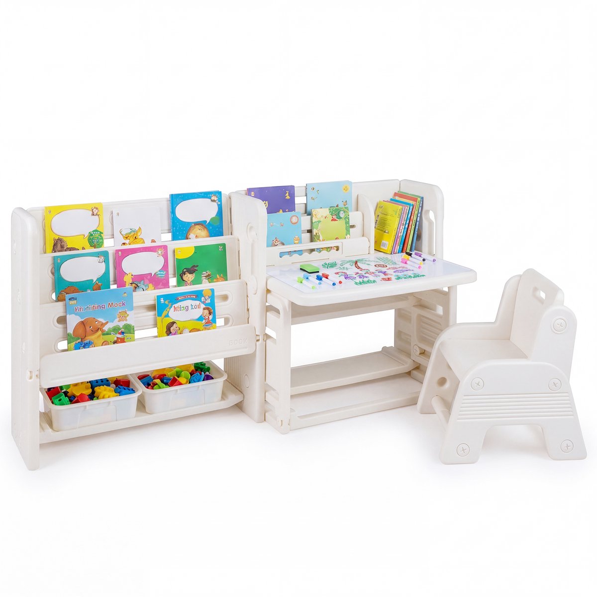 COSTWAY 4-in-1 kindertafel met stoelen set, kindertafel met boekenplanken, whiteboard & 2 opbergboxen, tekentafel met kantelbaar tafelblad, kindermeubelset voor kinderen vanaf 3 jaar
