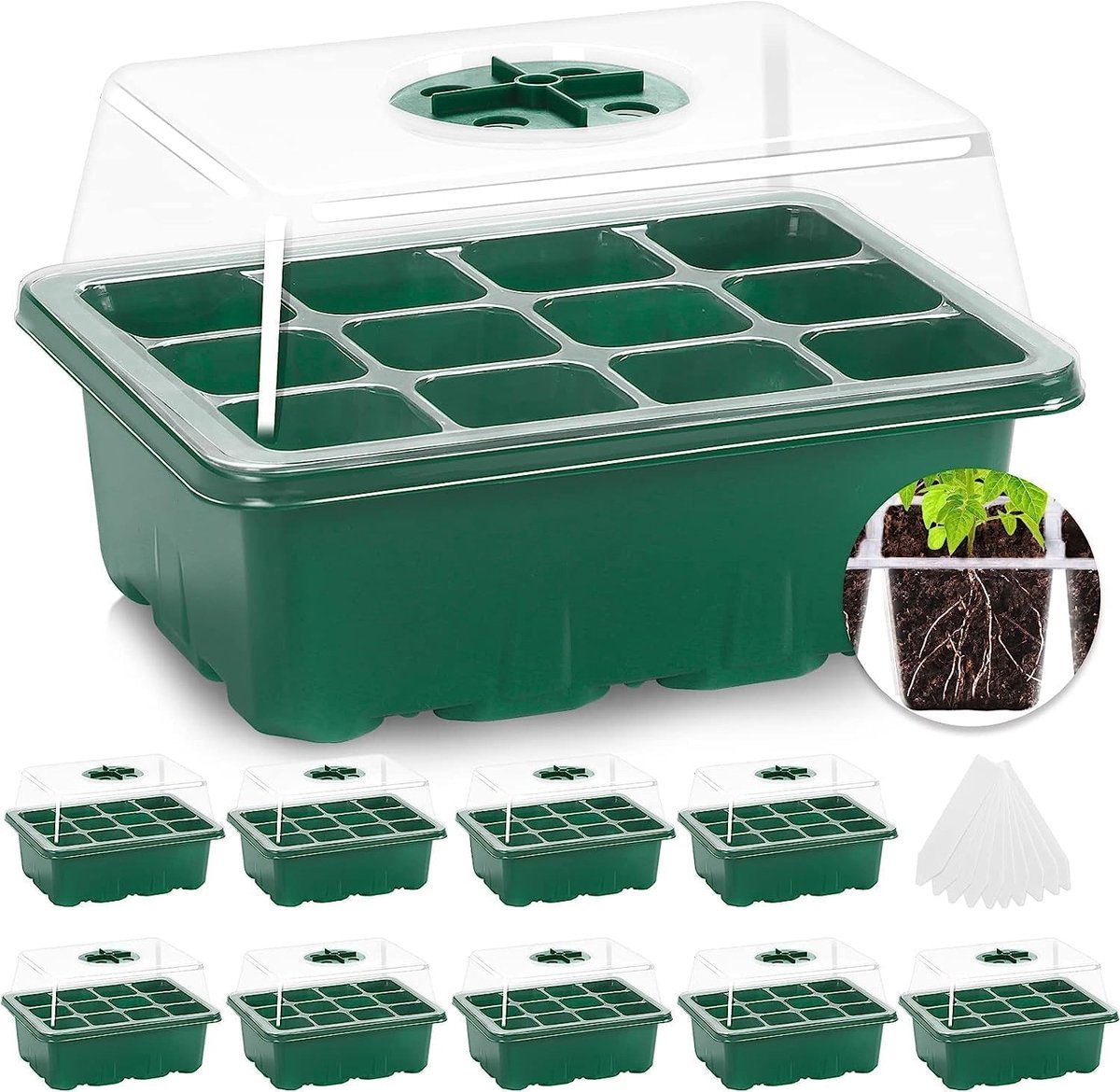 Set van 10 zaaibakken met 120 honingraat met deksel, herbruikbare kiemschalen voor het kweken van planten in kas en tuin