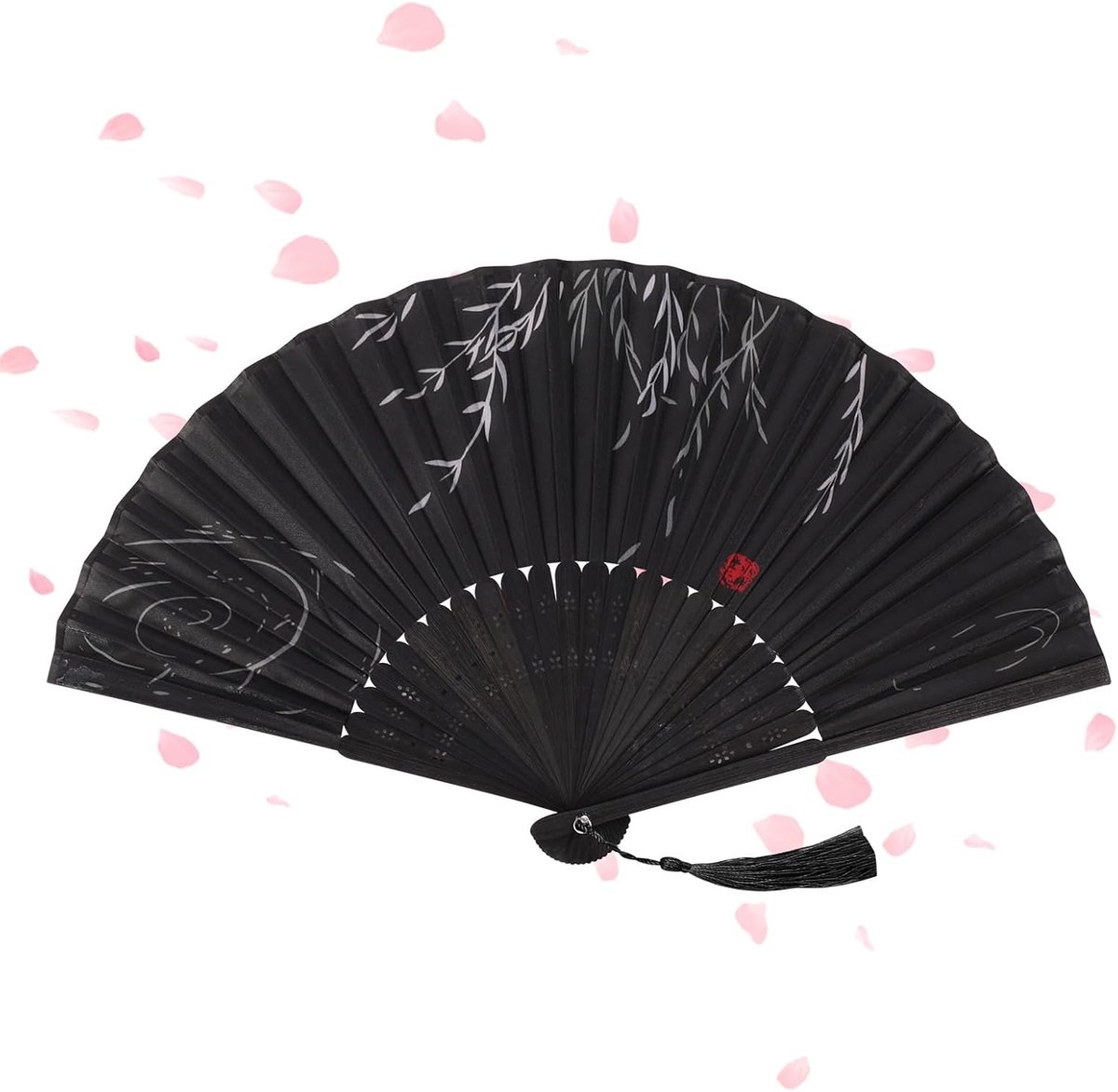 ventilatoren, handventilator, stof, handmatige ventilator, Chinese ventilatoren met kwastje voor verjaardagscadeaus dansen cosplay bruiloft feest rekwisieten decoratie (A zwart)
