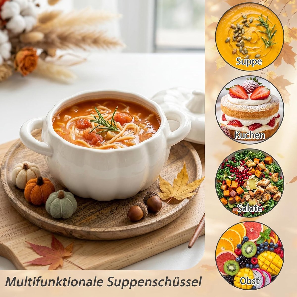 Soepkom met handvat, 1,9 l, keramische pompoensoeppot, keramische serveerschaal, bakschaal, pompoenbeker, container met deksel, Halloween-decoratie, stokpot, kookgerei voor thuis (wit)