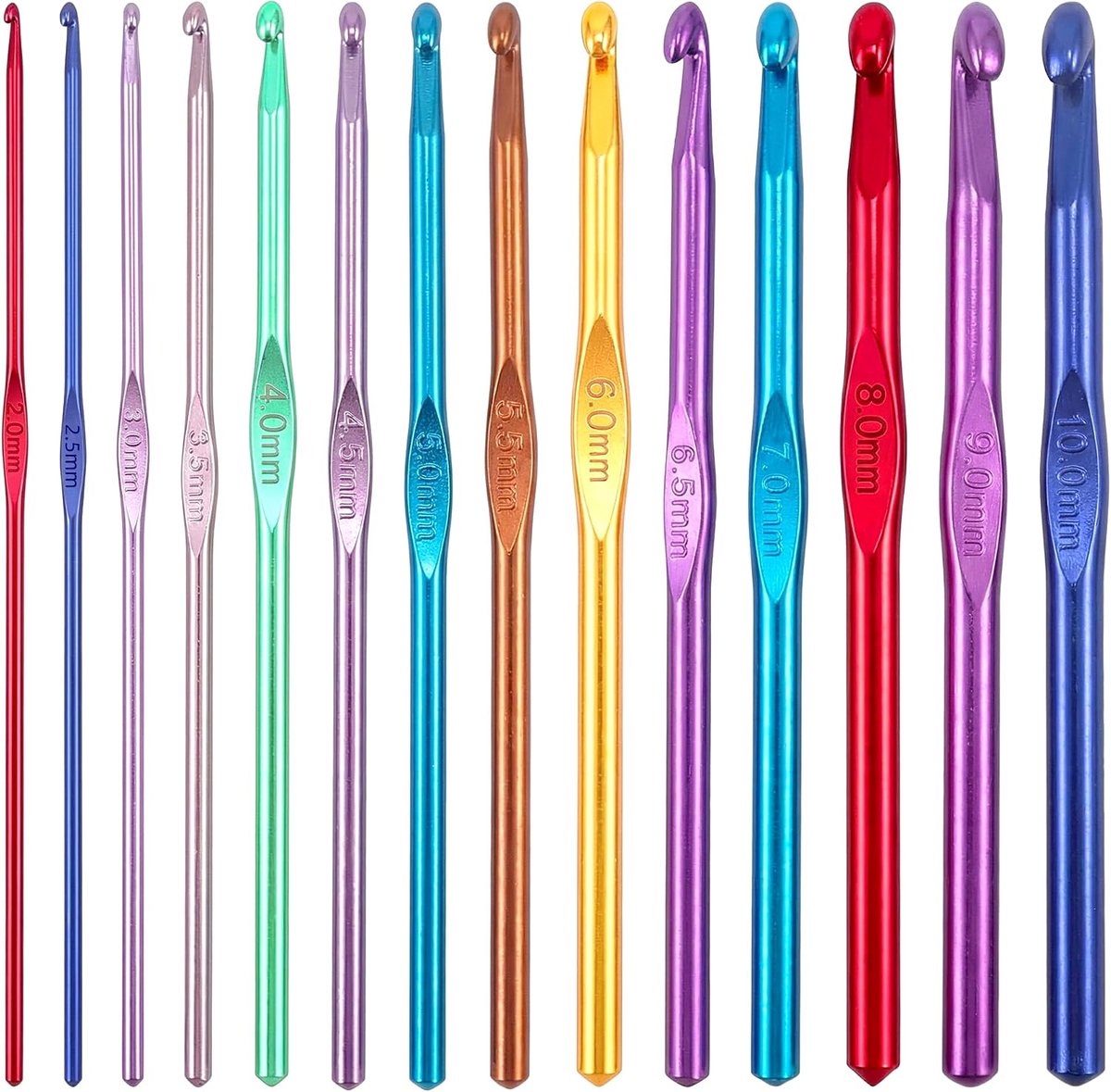Haaknaalden, 14 stuks veelkleurige aluminium breinaalden, haaknaalden voor beginners en volwassenen, aluminium haaknaalden, ergonomische grip voor artritische handen, haakcadeau (14 maten)