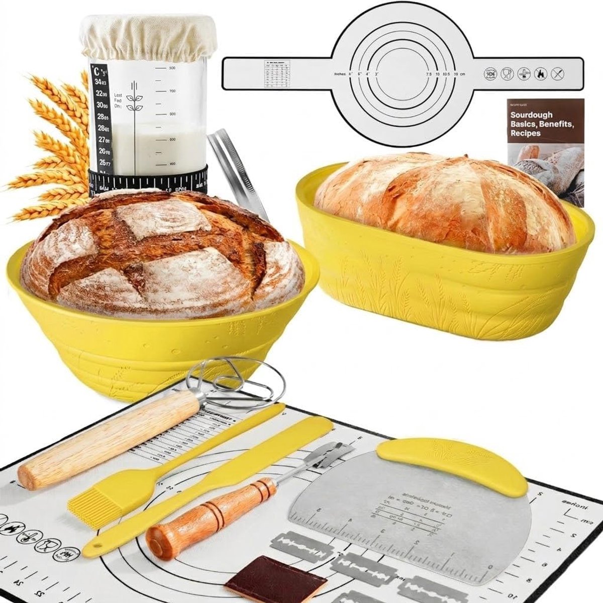 broodbakset, 15 stuks, bevat fermenteerglas, zuurdesemglas, met spatel en thermometer, doek cover en metalen deksel, huisbakken accessoires, geschikt voor beginners (geel)