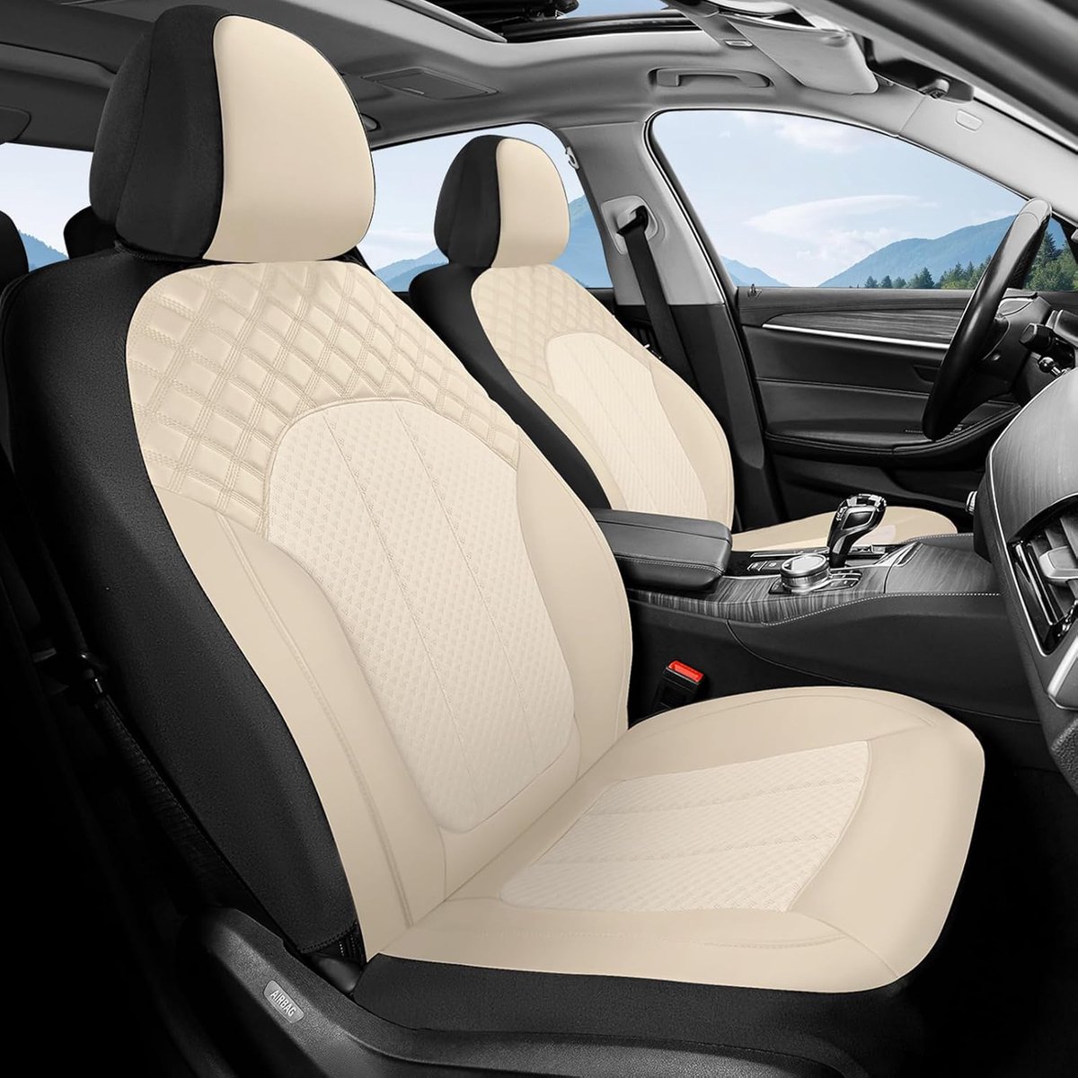 Autostoelhoezen, voorstoelhoezen, PU-leer, air-mesh, ademende stoelbescherming, binnenhoezen, universeel, geschikt voor de meeste auto's, SUV's en vrachtwagens (voorstoelen, beige)
