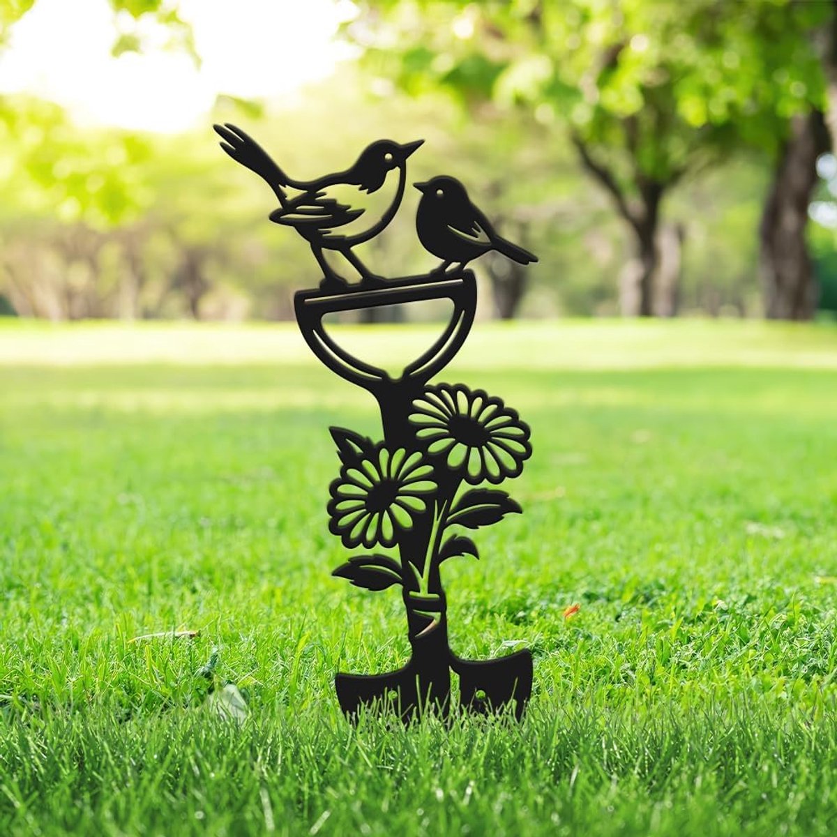 Metalen tuin spel vogel bloem silhouet mat zwart gepoedercoat ijzeren tuin kunst decoratieve plant gazon patio binnenplaats boerderij decoratie geschenk 30x16cm