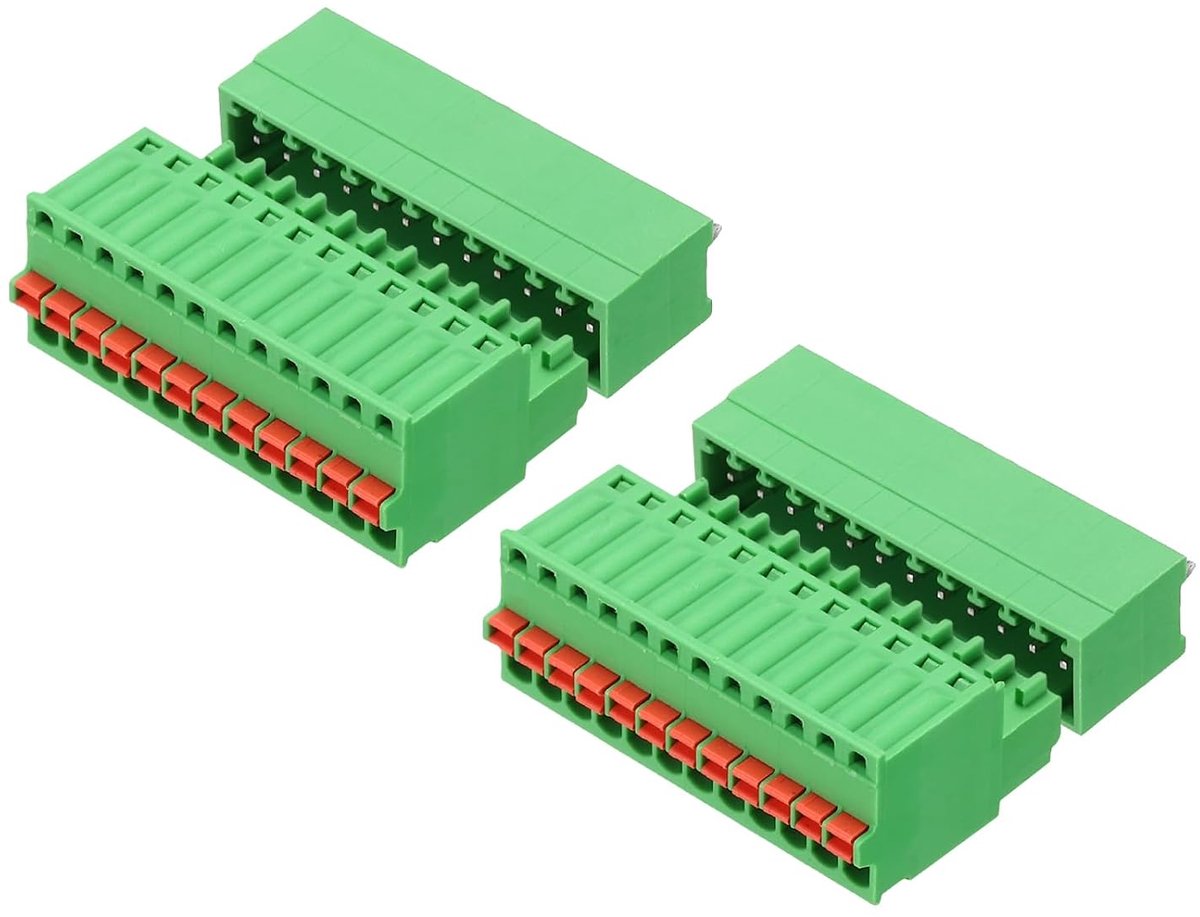 2 sets met 2,5 mm PCB-klemlijsten, 12-polig, recht, mannelijk, vrouwelijk, PCB, voor kabels 27-20 AWG, mechanisch apparaat, groen