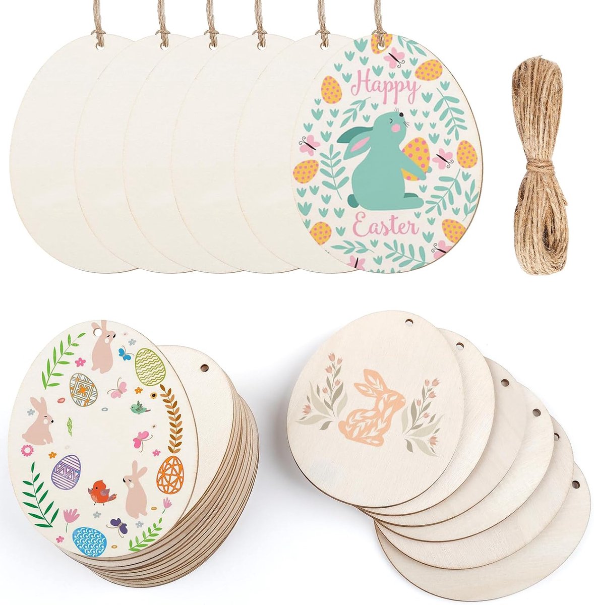 30 stuks paaseieren om te beschilderen van hout, blanco houten eieren, 9,7 x 7,7 cm, met gat en jute lint, doe-het-zelf paasdecoratie voor kinderen, lente en knutselprojecten