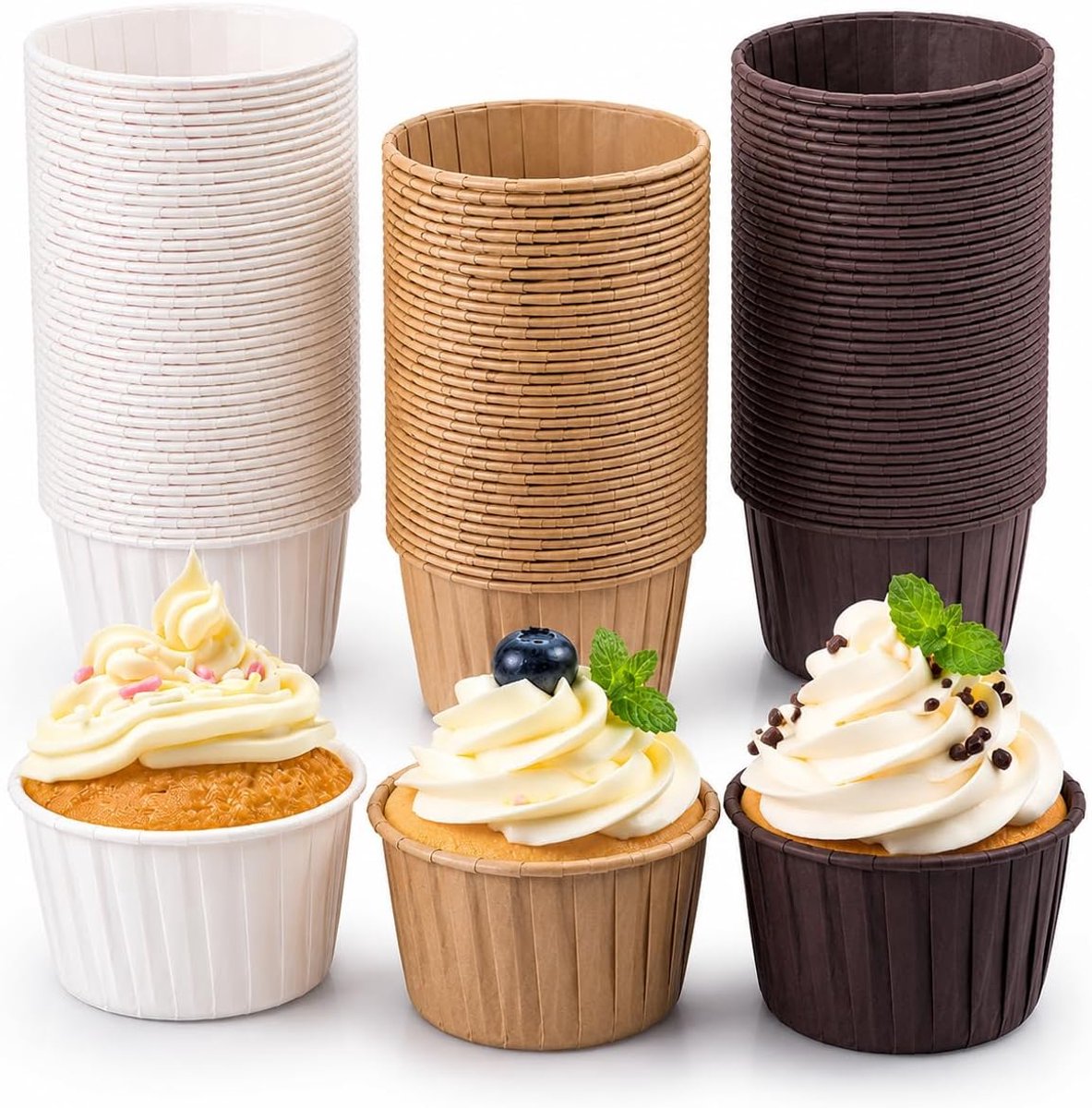 Muffinvormpjes van papier, muffinvormpjes, cupcakevormen, 200 stuks, voor bakken, taarten, feesten, Kerstmis en verjaardagen, standaardmaat (wit)