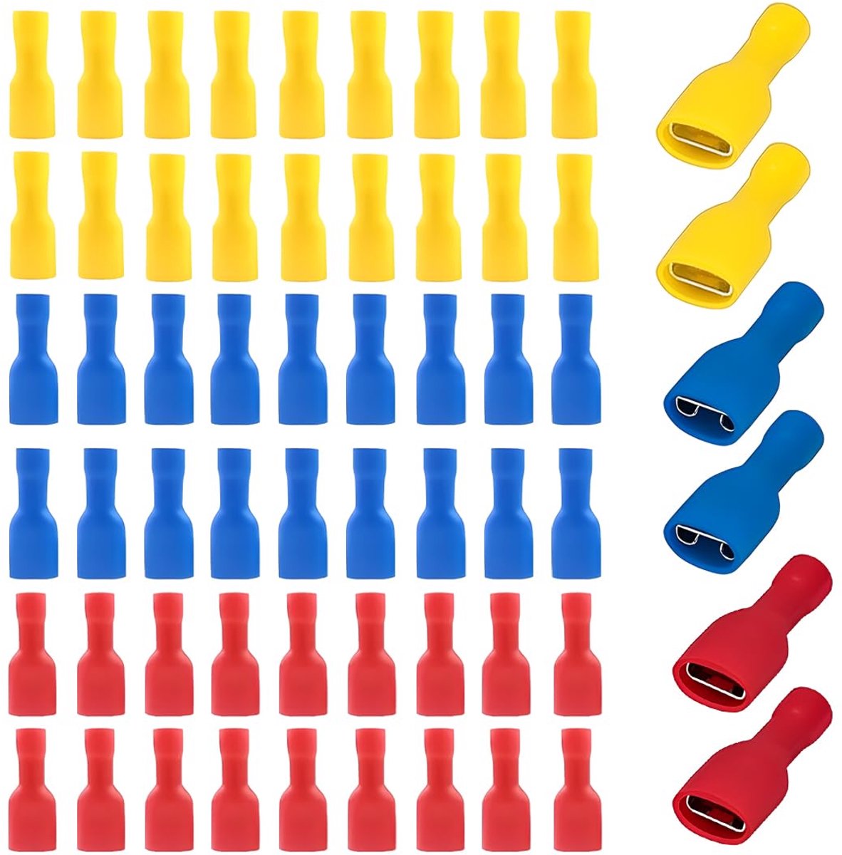 geïsoleerde snelkoppeling van vinyl, 6,3 x 0,8 mm, elektrisch Faston, rood voor 0,5-1,5 Mm² (22-16 Awg), blauw voor 1,5-2,5 mm² (16-14 Awg), geel voor 4,0-6,0 mm² (12-6,0 mm² ² -10 Ah