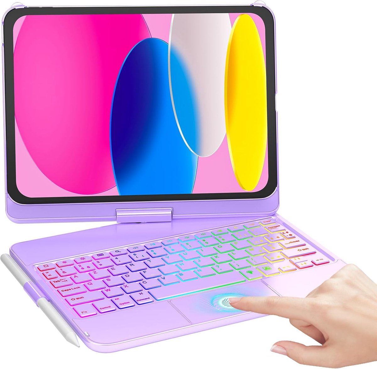 Toetsenbord voor iPad 10e generatie 2022 10,9 inch, 360° touchpad flip & kleurrijke verlichting in 7 kleuren & automatische wekker/slaap, Smart Trackpad met penhouder voor iPad 10e generatie