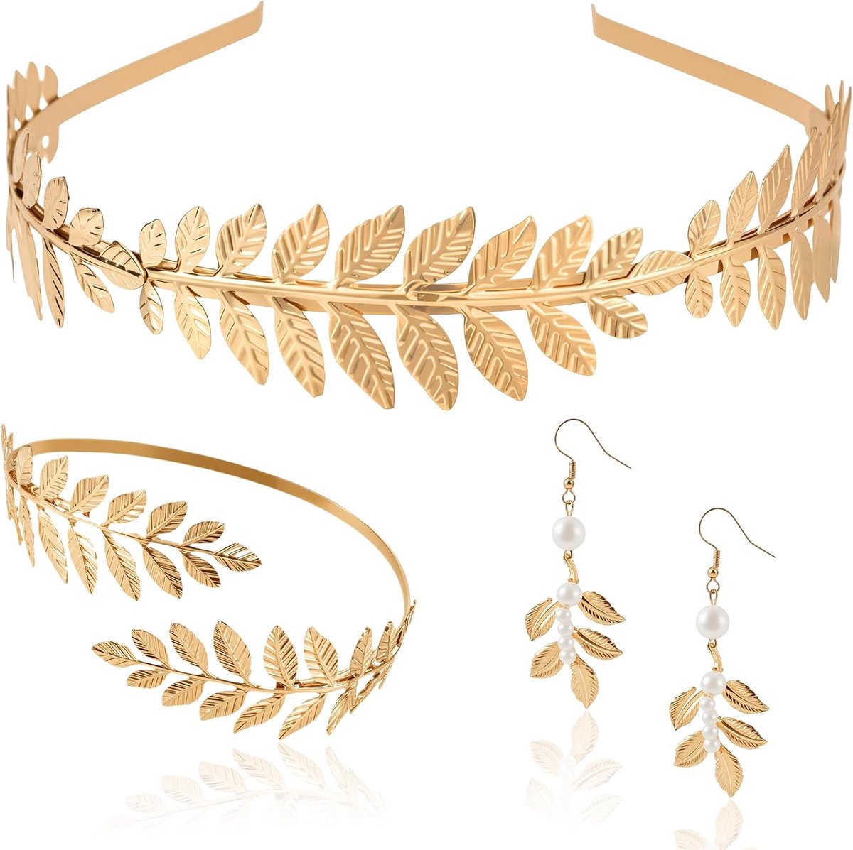 godin kostuum, sieradenset, Romeinse godin haarband, laurierkrans, haaraccessoires, bladeren, oorbellen, bovenarm, armband, hoofdtooi accessoires voor dames, bruiloft, Halloween