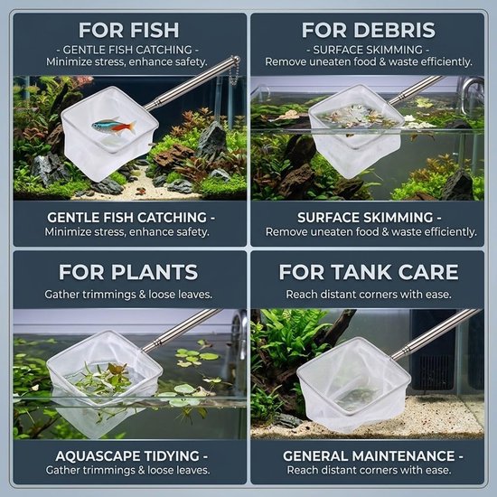 1 Stuks Aquarium Schepnet met Telescoopsteel, Vierkant Visnet van Roestvrij Staal, Fijnmazig Garnalennet voor Visbakken, Klein Vijver Schepnet voor Voeren en Vissen, Robuust Accessoire — afbeelding 3