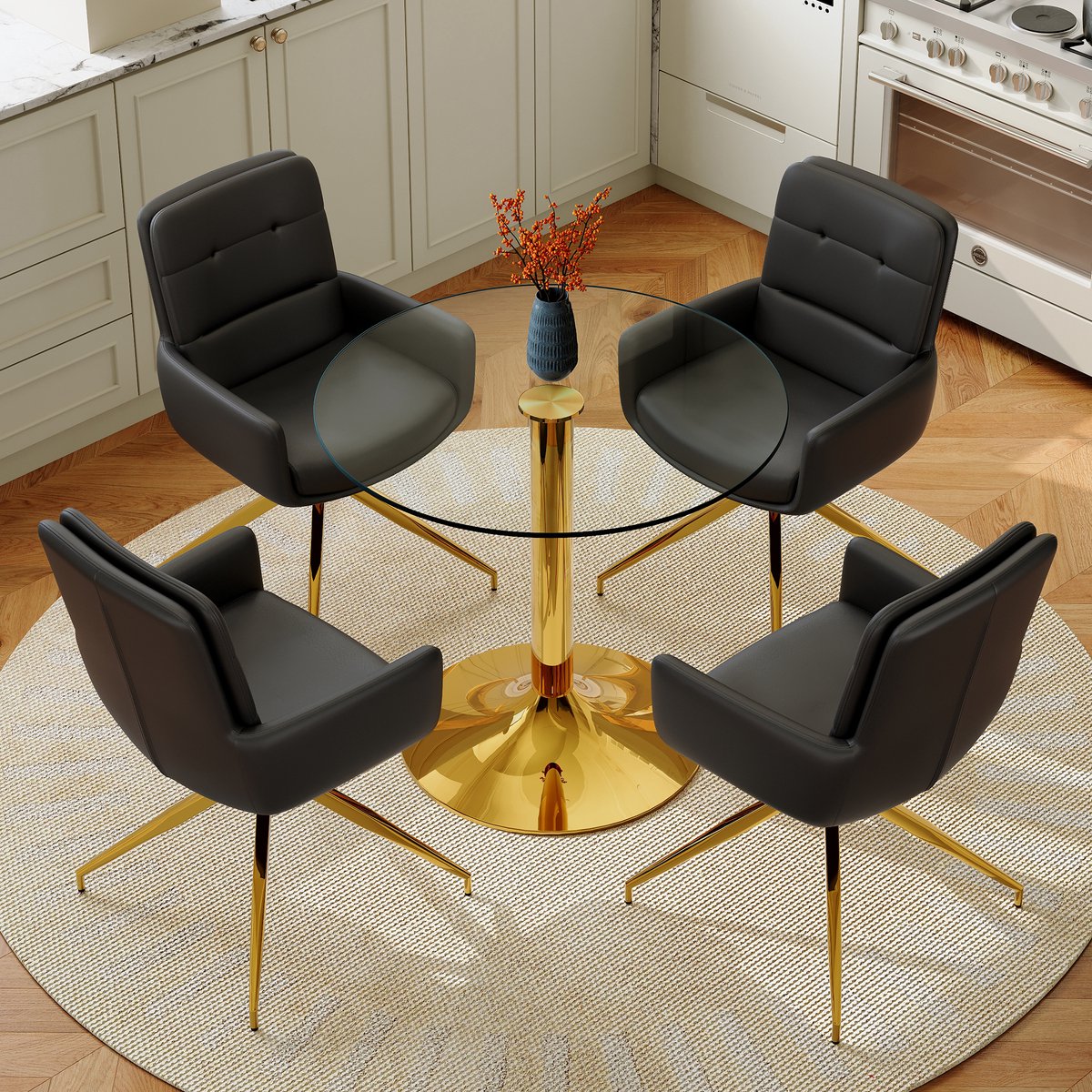 MODFU Set Tafel En Stoelen - Ronde Glazen Eettafel - 4 Stoelen - Zwart Goud