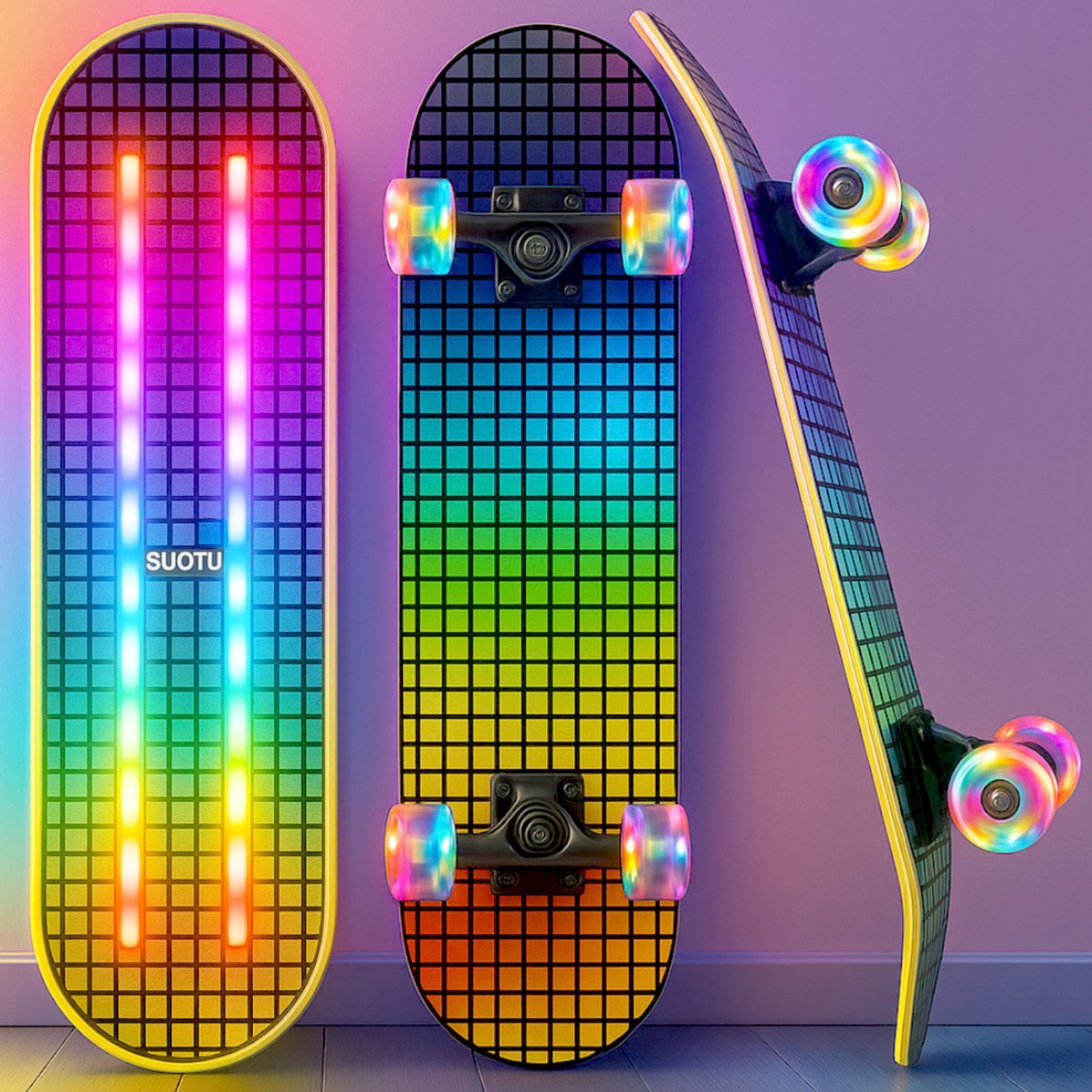 Suotu Skateboard met LED Lichtgevend Dek & Wielen 80x20cm ABEC-9 95A Schokabsorptie Jongens Meisjes Volwassenen Skateboards Gekleurd Raster