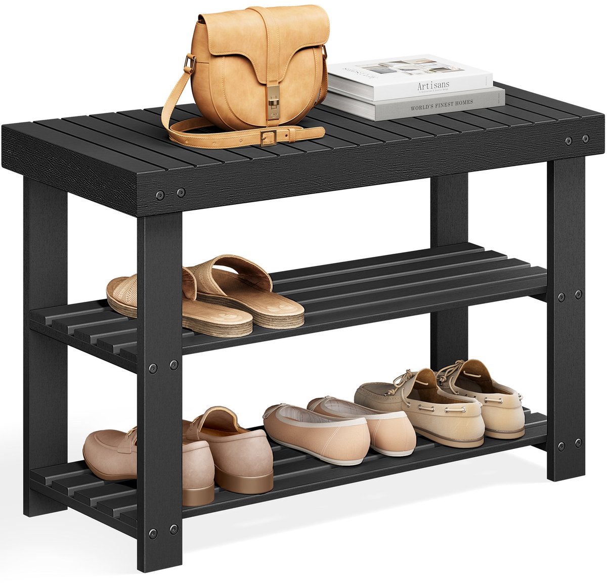 Schoenenbank van bamboe – zwart – 3 planken – 70 – 1 x 45 – 3 cm – Zwart