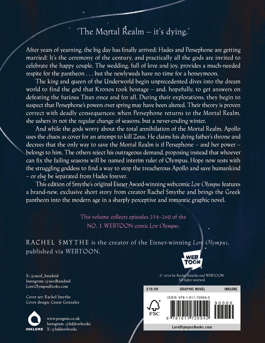Boekillustratie met de titel 'The Mortal Realm – it's dying.' en tekst over de plot van het stripboek Lore Olympus.