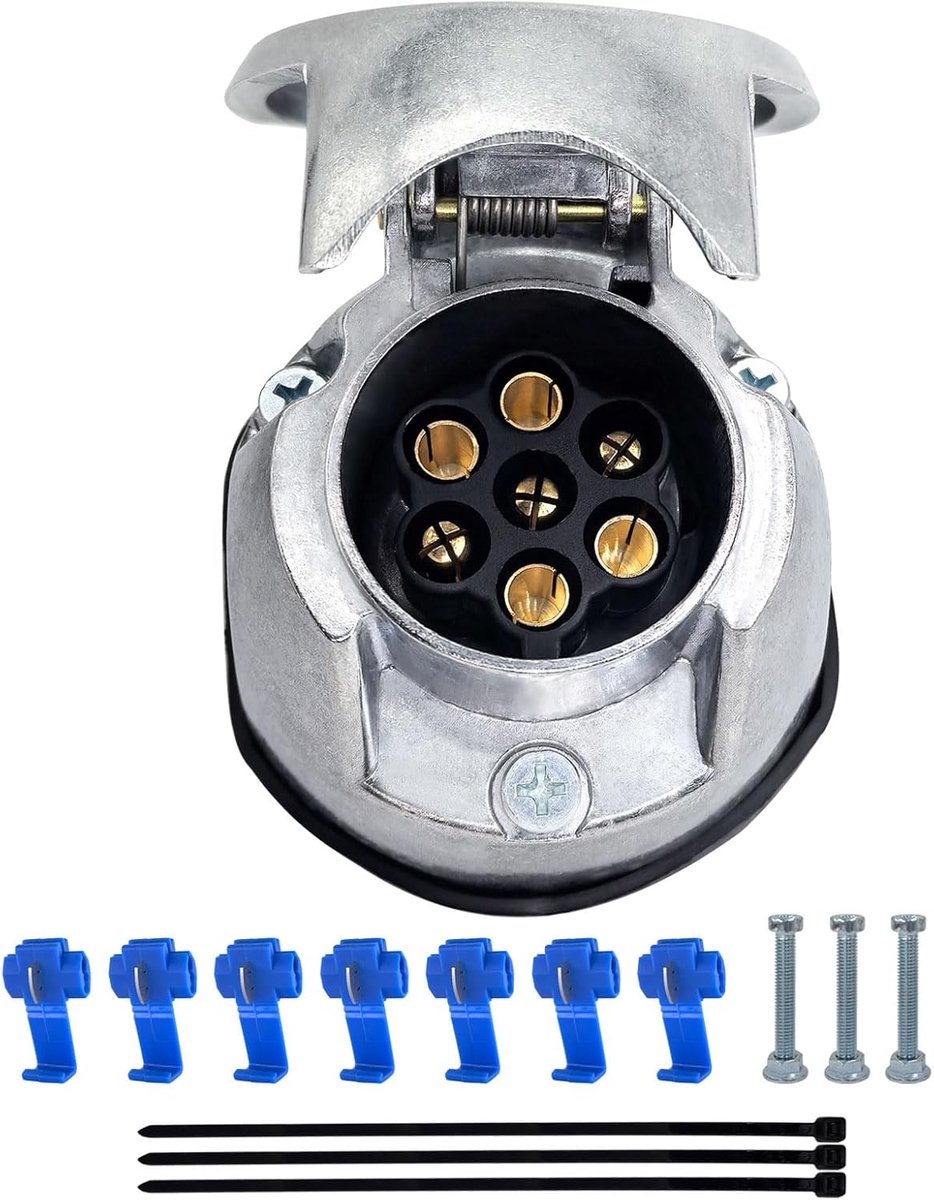 7-polige aanhangerstekkerdoos, koppeling van gegoten aluminium, 7-polige aanhangerstekkerset met afdichtingen voor aanhangerbedrading, 12 V, 24 V, universeel - waterdicht