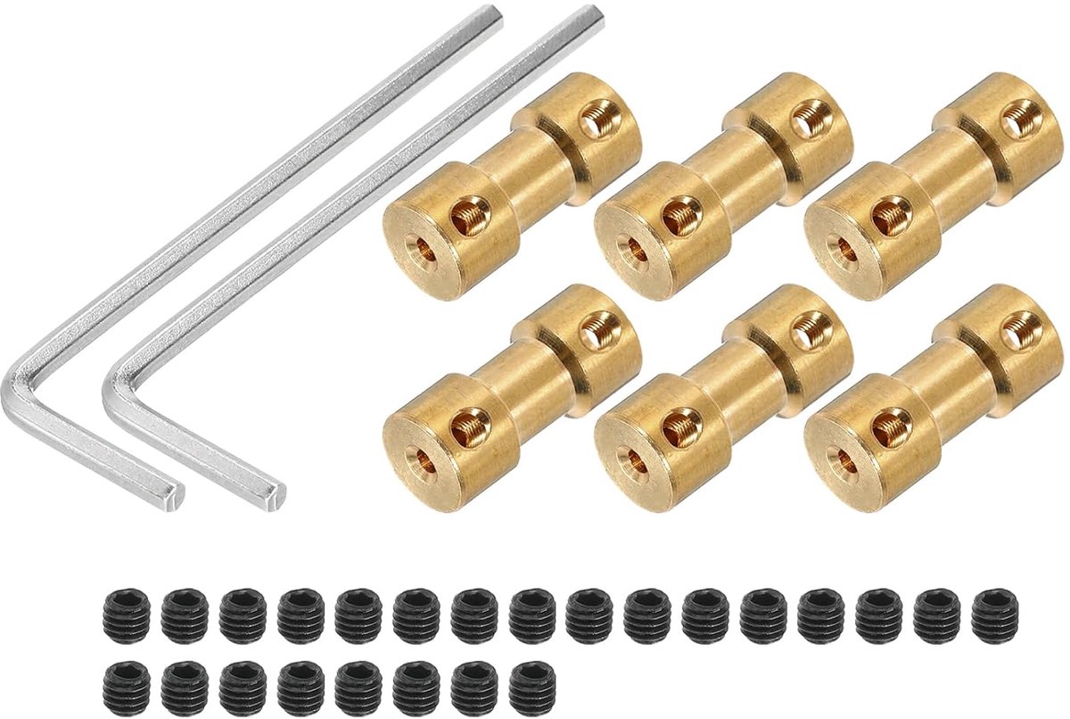 2 mm op 3 mm boring, stijve koppeling 20 mm, lengte 9 mm diameter, M3-aansluiting, messing as voor 3D-printer, doe-het-zelf kopertint met 6 koppelingen, 24 stuks schroeven, 2 stuks sleutels