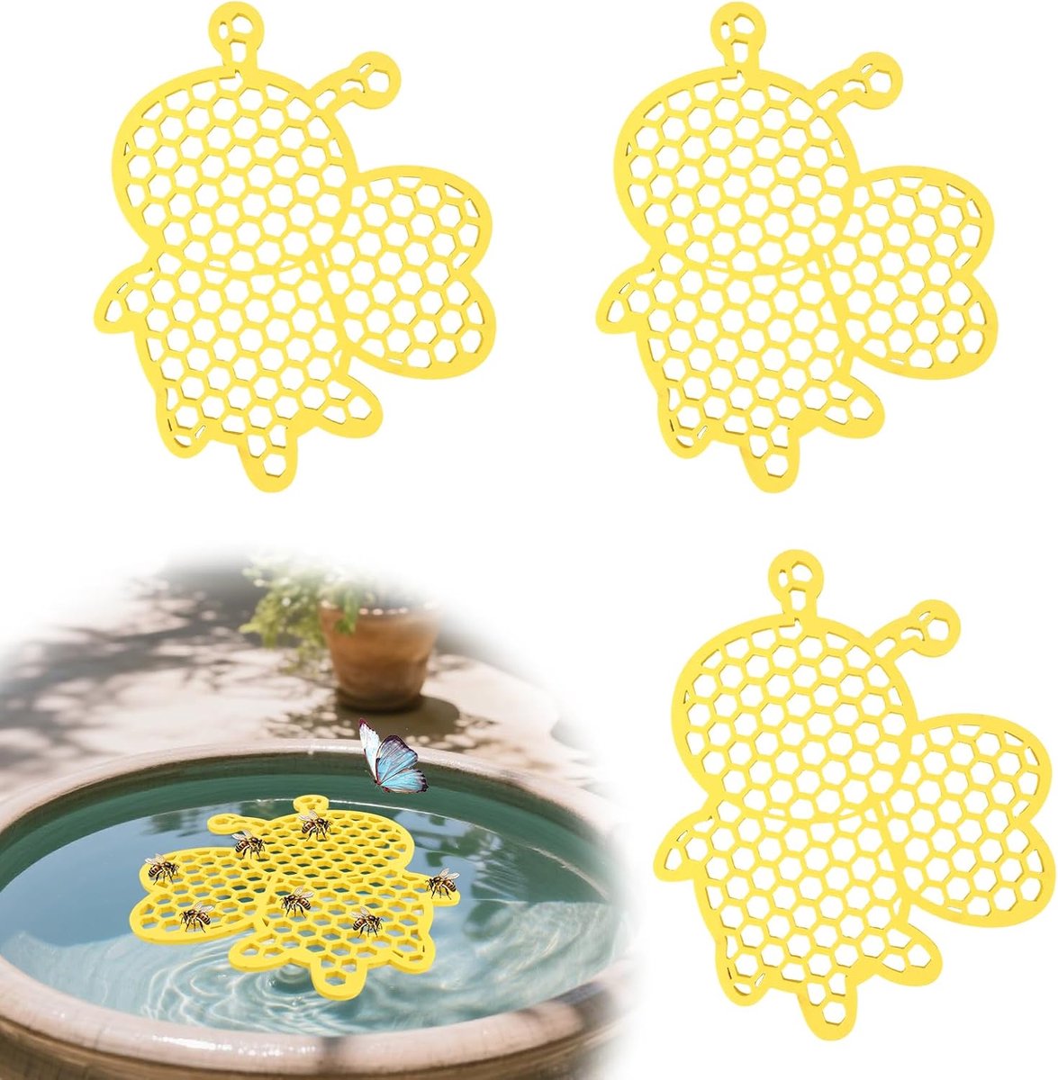 Ryoudavell - Drijvend Bijeneiland Set van 3 - Bijendrinkplaats met Honingraat Ontwerp - EVA Schuim Vlinder Drinkplaat - Voorkomt Verdrinking van Bijen - Decoratief voor Tuin, Vijver & Vogelbad - Geel