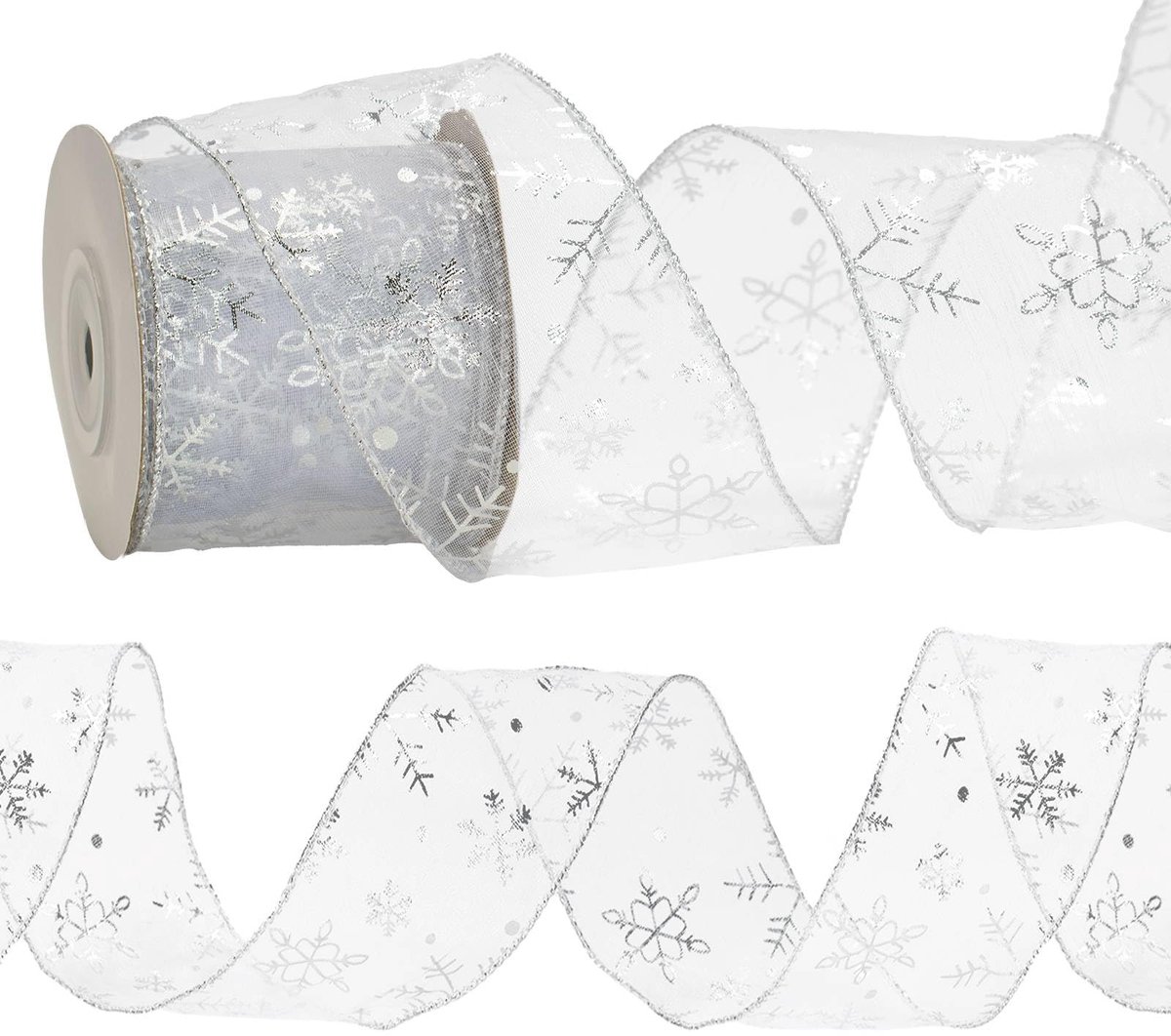 Cadeaulint met draad, zilver, sneeuwvlok organza lint, kerstlint 6,3 cm, lint breed, draadband glitter, lint voor decoratief cadeau, krans, handwerk, Kerstmis