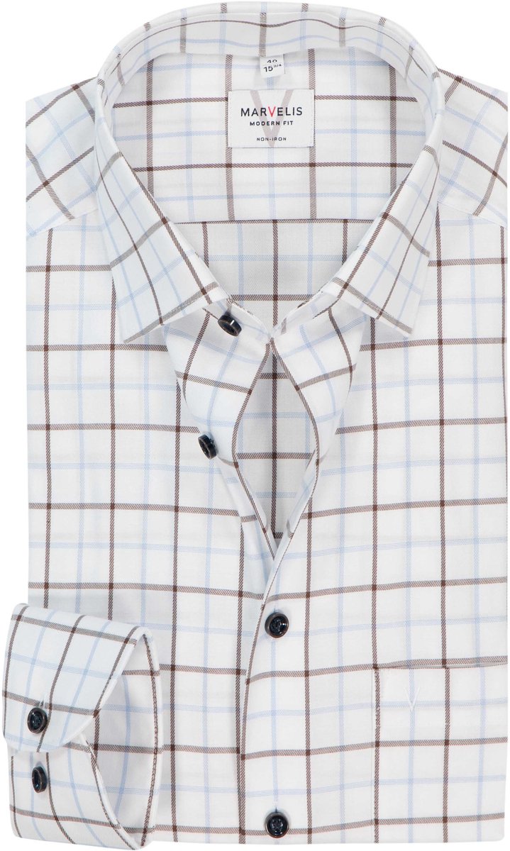 MARVELIS modern fit overhemd - mouwlengte 7 - popeline - wit met lichtbruin en lichtblauw geruit - Strijkvrij - Boordmaat: 39 (EU maat: M)