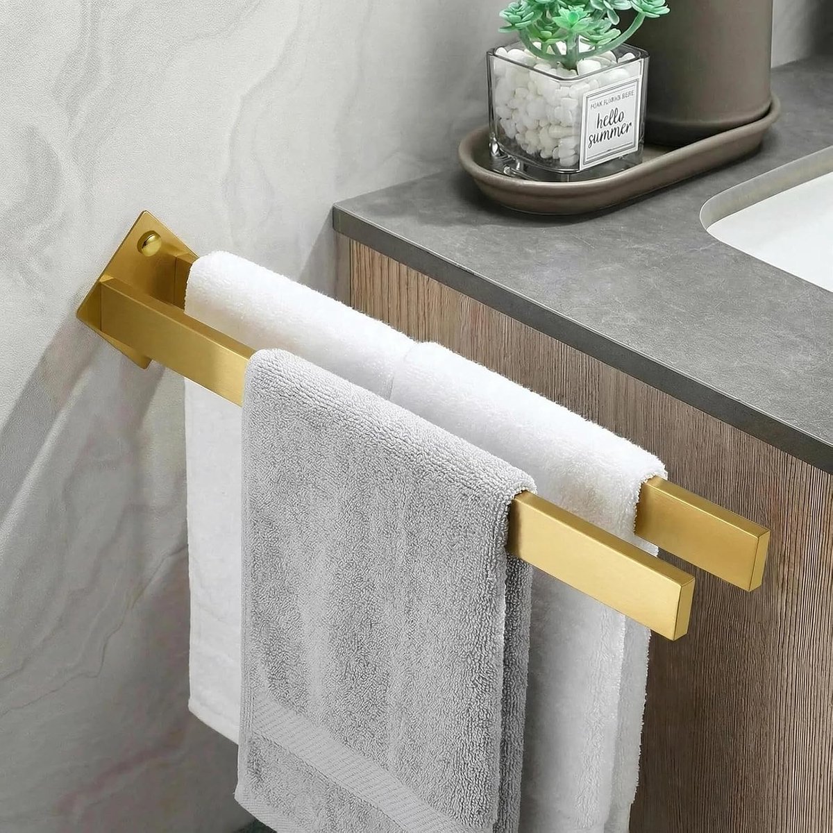 handdoekstang 40 cm, roestvrij staal, wandmontage, handdoekstang, boormontage, tweelaags handdoekhouder voor badkamer, keuken, modern vierkant design, Goud