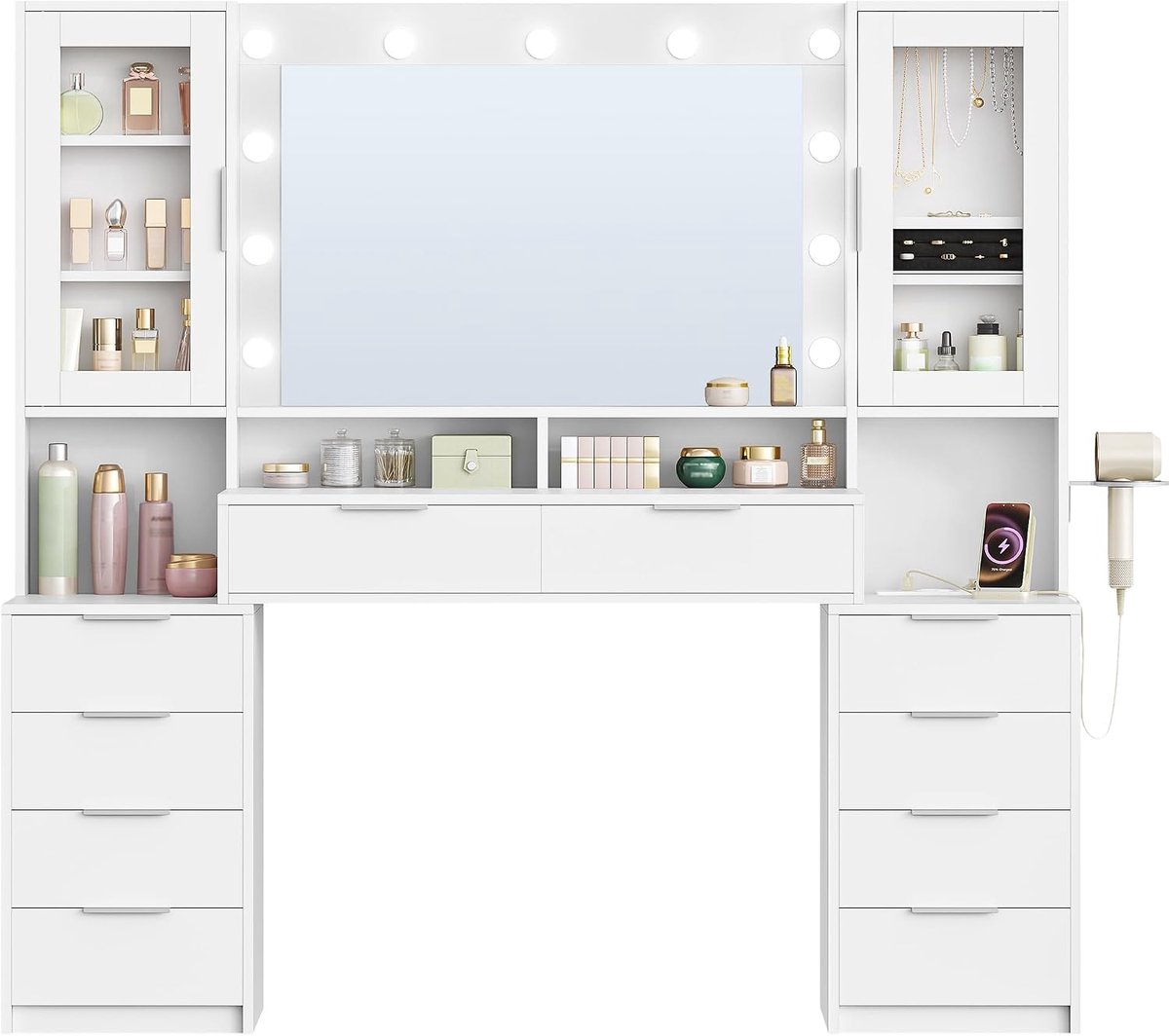 Hzuaneri 150 cm Kaptafel Van met Ledverlichting, Stekkerdoos, Kaptafel met 11 Ledlampen, Driekleurige Lichtregeling, 10 Lades, Sieradenopbergruimte, 40 x 150 x 145 cm, Wit-Zilver