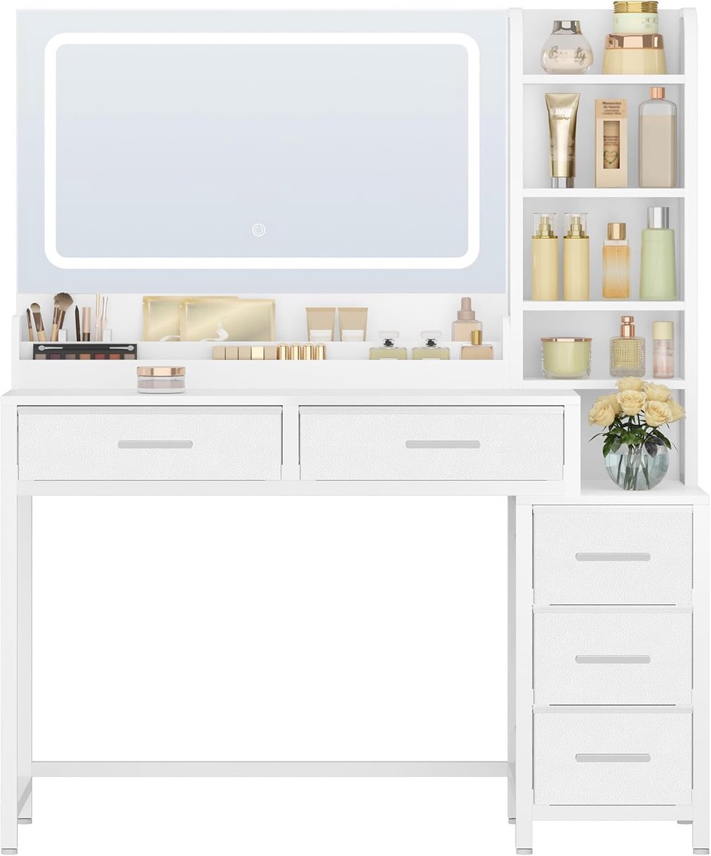 Hzuaneri Kaptafel, wit, 40 × 110 × 141 cm, kaptafel met grote spiegel, make-uptafel met 5 lades, 5 open vakken, opbergruimte voor de spiegel