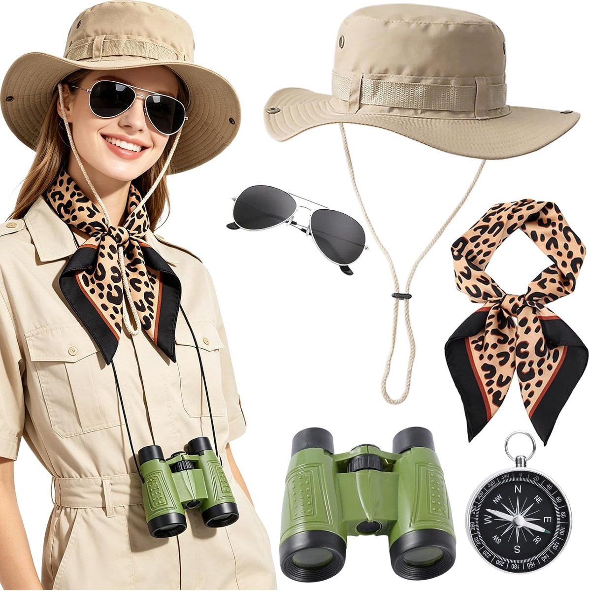 5 stuks safarikostuum voor dames, outdoor, safari-accessoires met safari-hoed, verrekijker, zonnebril, zakdoek, kompas, safarikleding, dames, voor Halloween, cosplay, carnaval, outdoor-avontuur