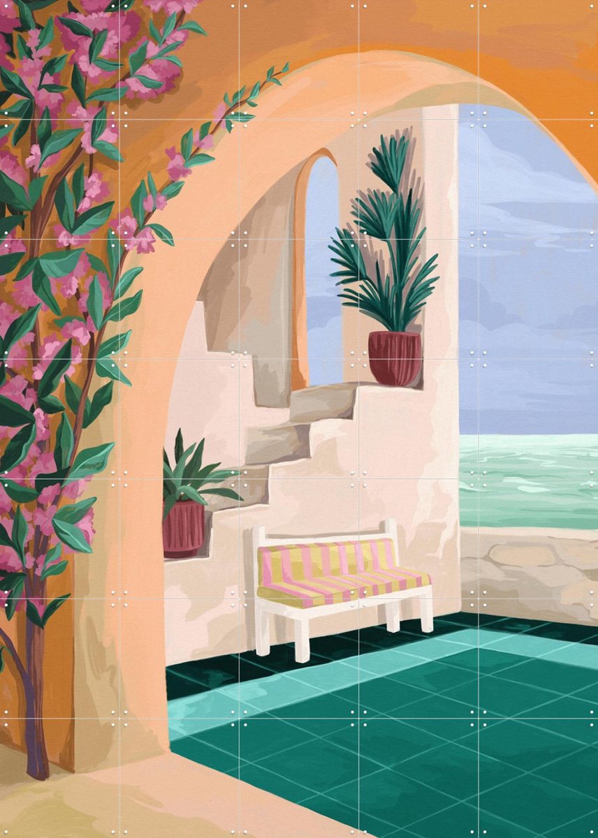 IXXI Bench With A View, Goed Blauw - 100 x 140 cm - Gratis ophangtool - Grote wanddecoratie en posters - Speels, Fantasierijk, Digitale Kunst