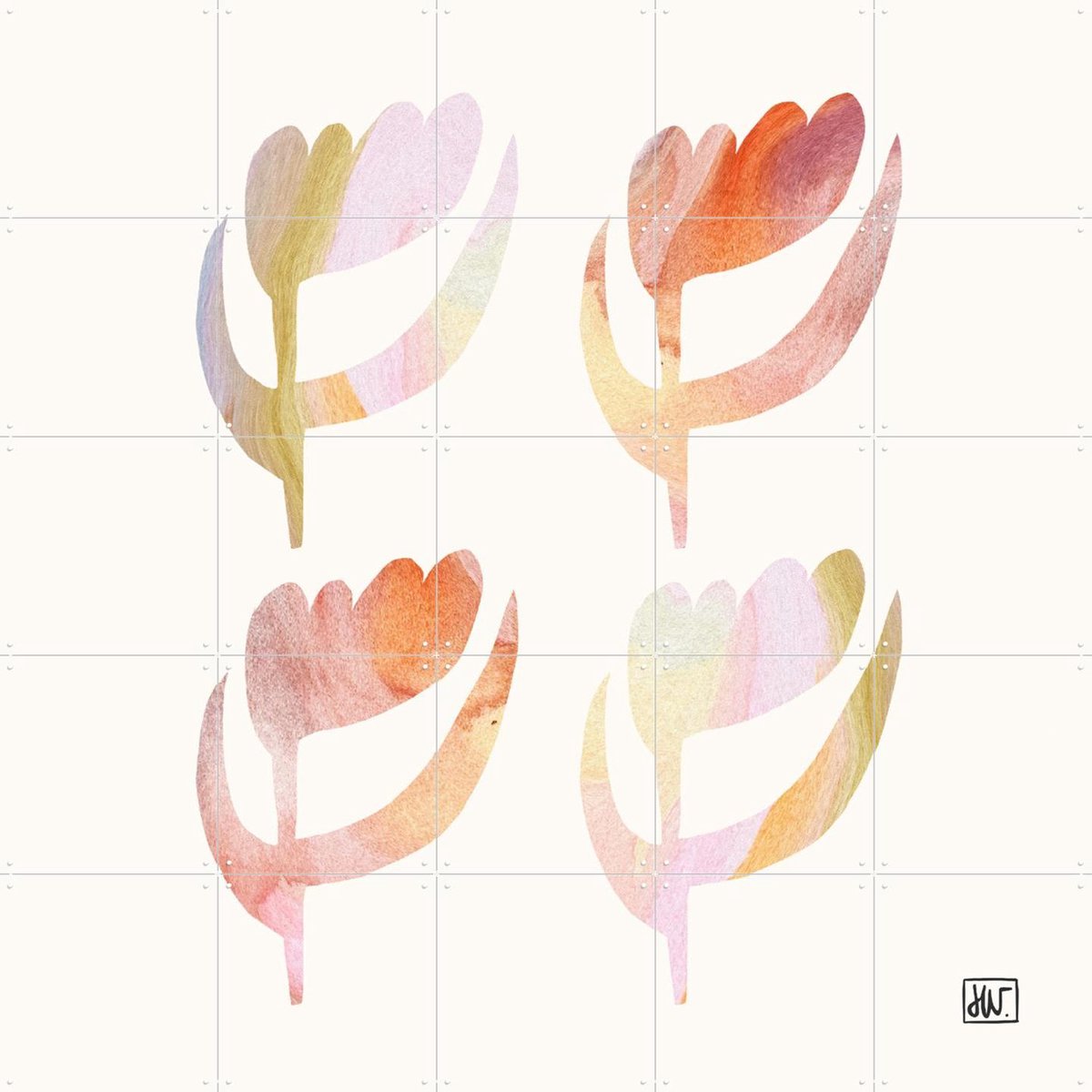 IXXI Four In Bloom, Henriette Visscher - 100 x 100 cm - Gratis ophangtool - Grote wanddecoratie en posters - Modern, Illustraties, Aquarel
